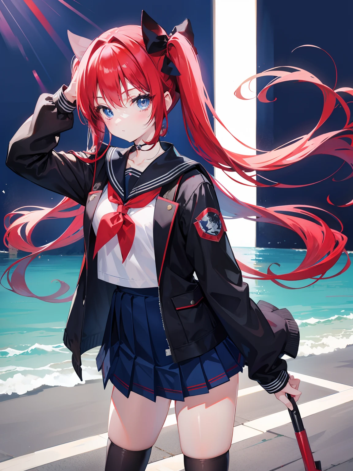 red hair, blue eyes, twintails, Sailor suit,black coat, Pleated skirt,solo,li,cute,bow