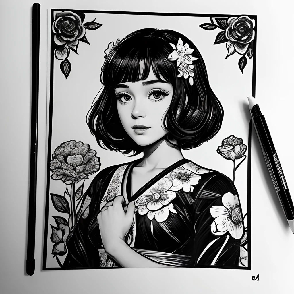 Black and white stick figure 1 girl with flowers,  lots of flowers in background, loli in dress with flowers, its fine ink line art, comic style, portrait of ploynesian girl, Marilyn Munroe, Hollywood glam, beautiful line art, black and white comic style, manga style, manga art style, pencil and ink caricature drawing, black and white coloring