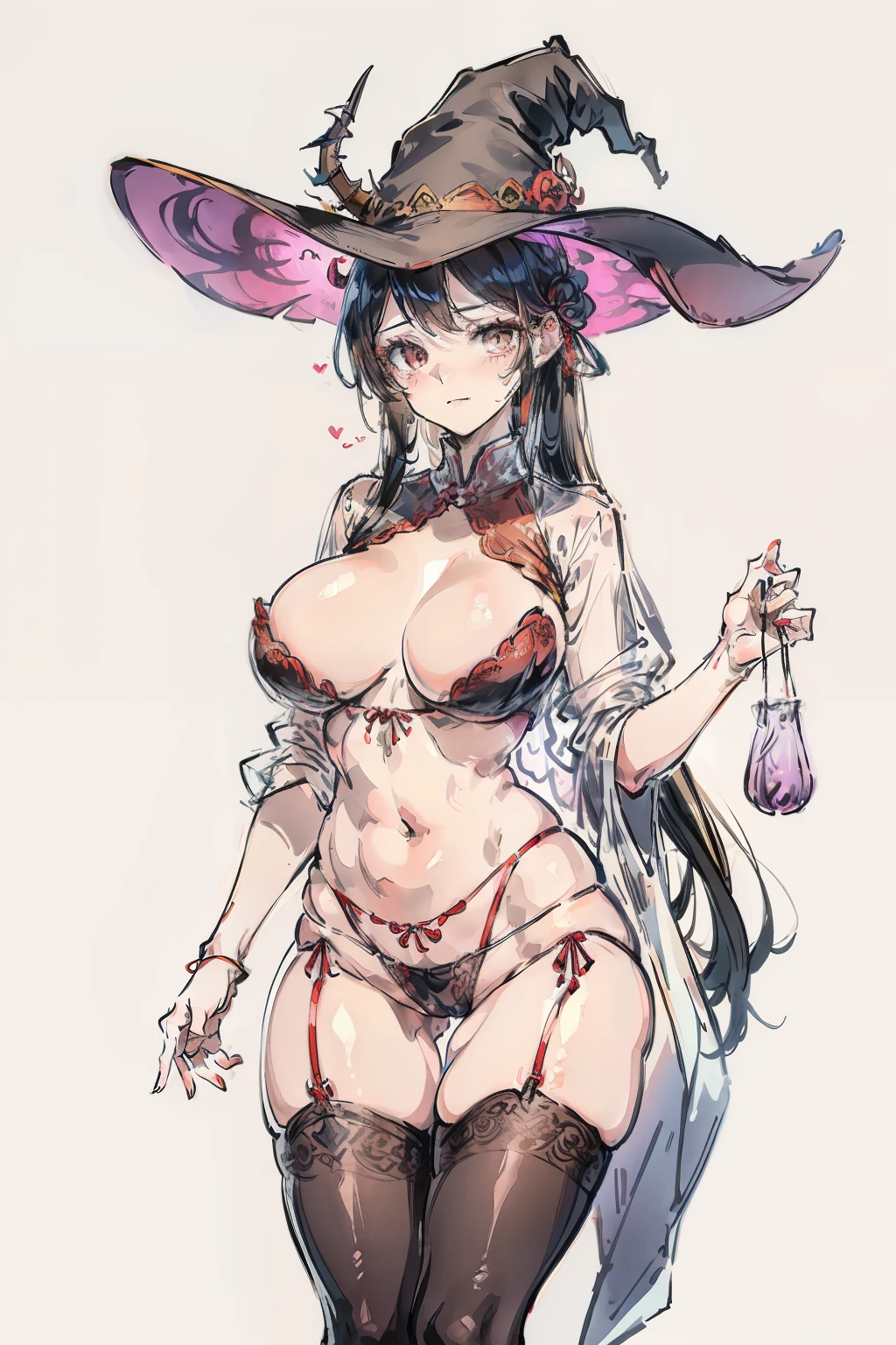 Bright colors，Dragon horn on witch hat，The shirt is transparent，Expose the bra，Skeleton bra，Sexy bra，Pantyhose wrapped around the hips，Open at the underwear，clear clothing，Fully transparent，tits，camel toe，body curve，stooped，nsfw，nake，mistic，Tights made of stockings，Jumpsuits