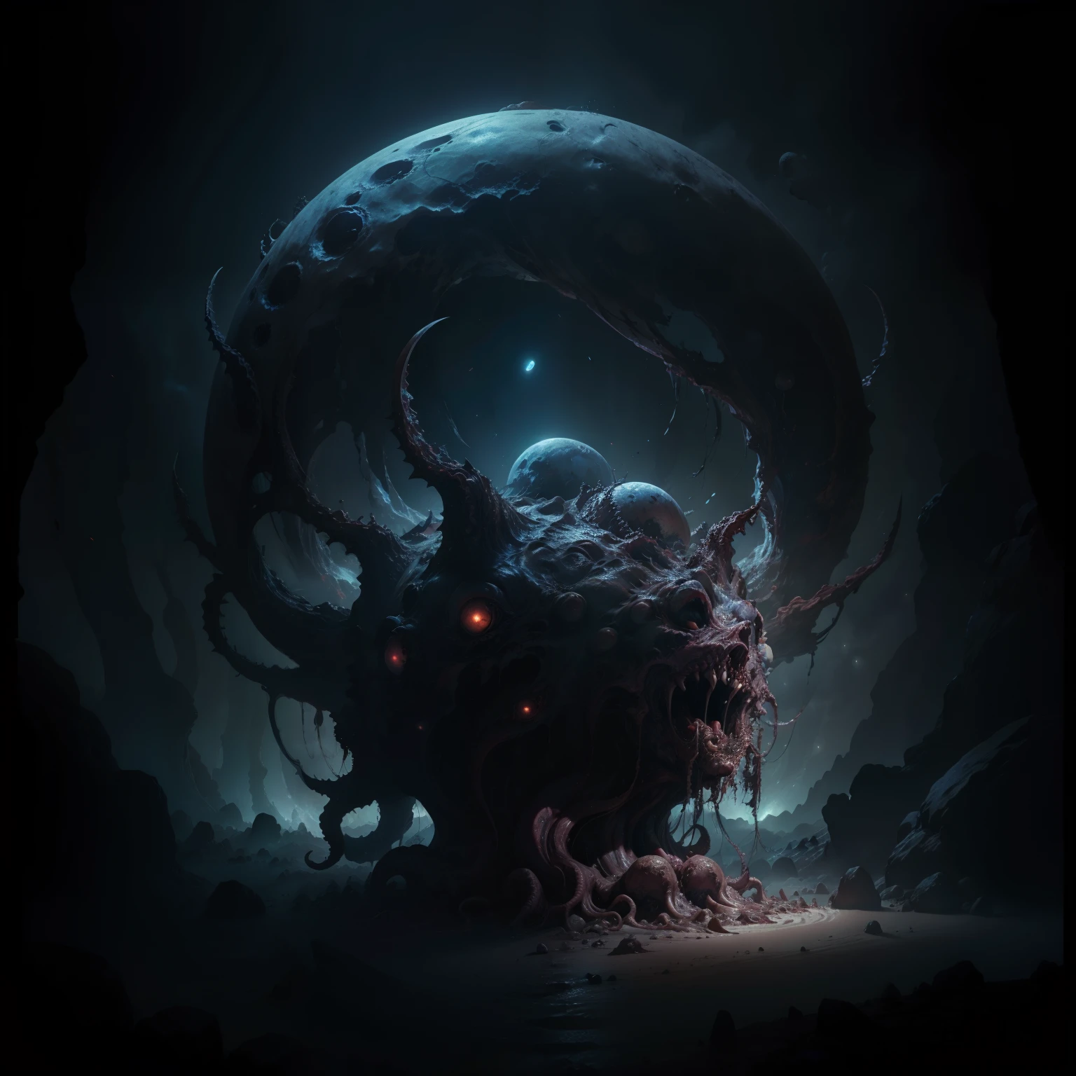 Dark environment, cosmic terror monster, monster with a giant eye and tentacles, various tentacles, bright moon background