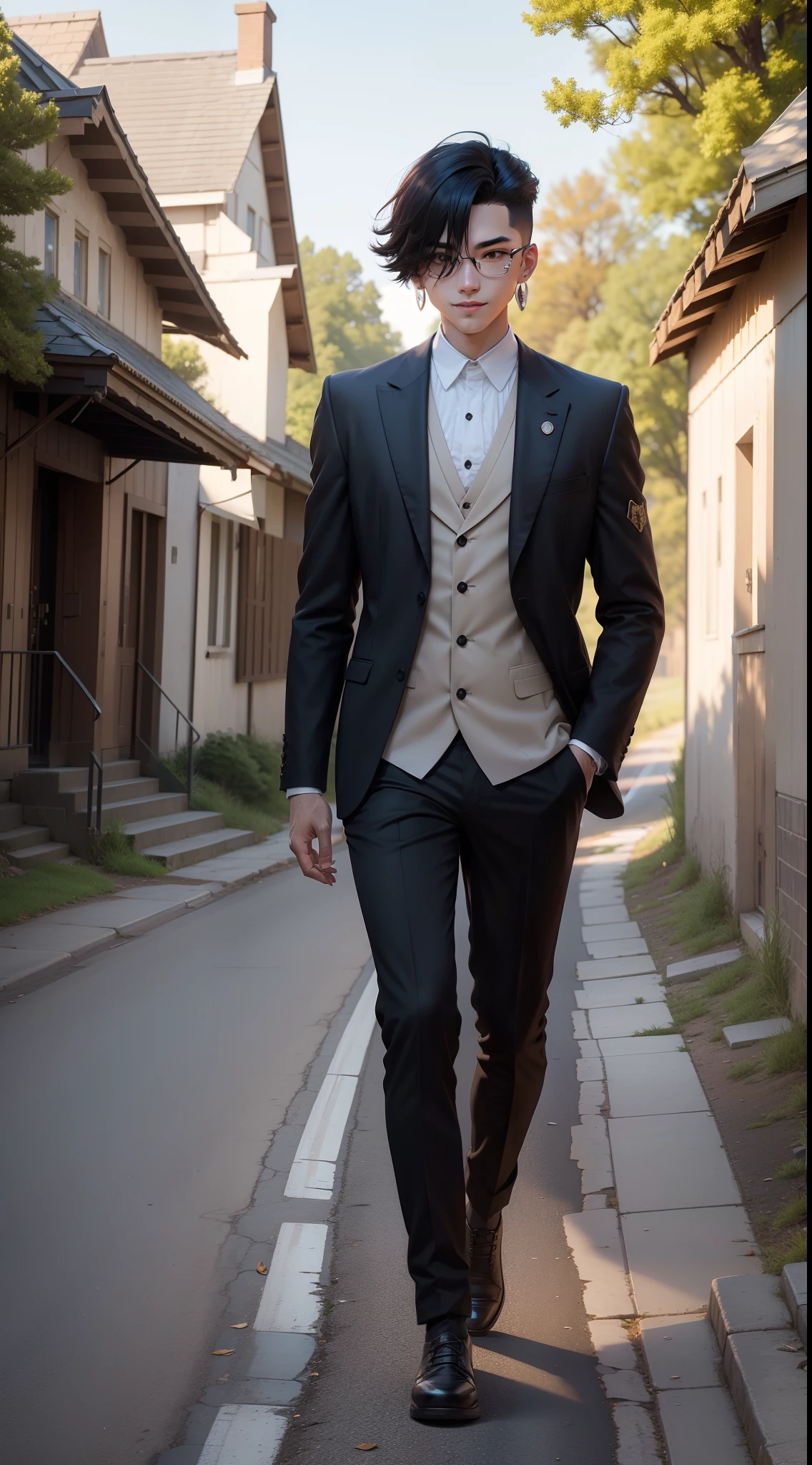 A young man walking on a country road, hair over one eye, diagonal bangs, hollow eyes, earrings, evil smile, anime style, En plein air, ray tracing, stereogram, projected inset, three sided view, Ultra-Wide Angle, anatomically correct, masterpiece, award winning