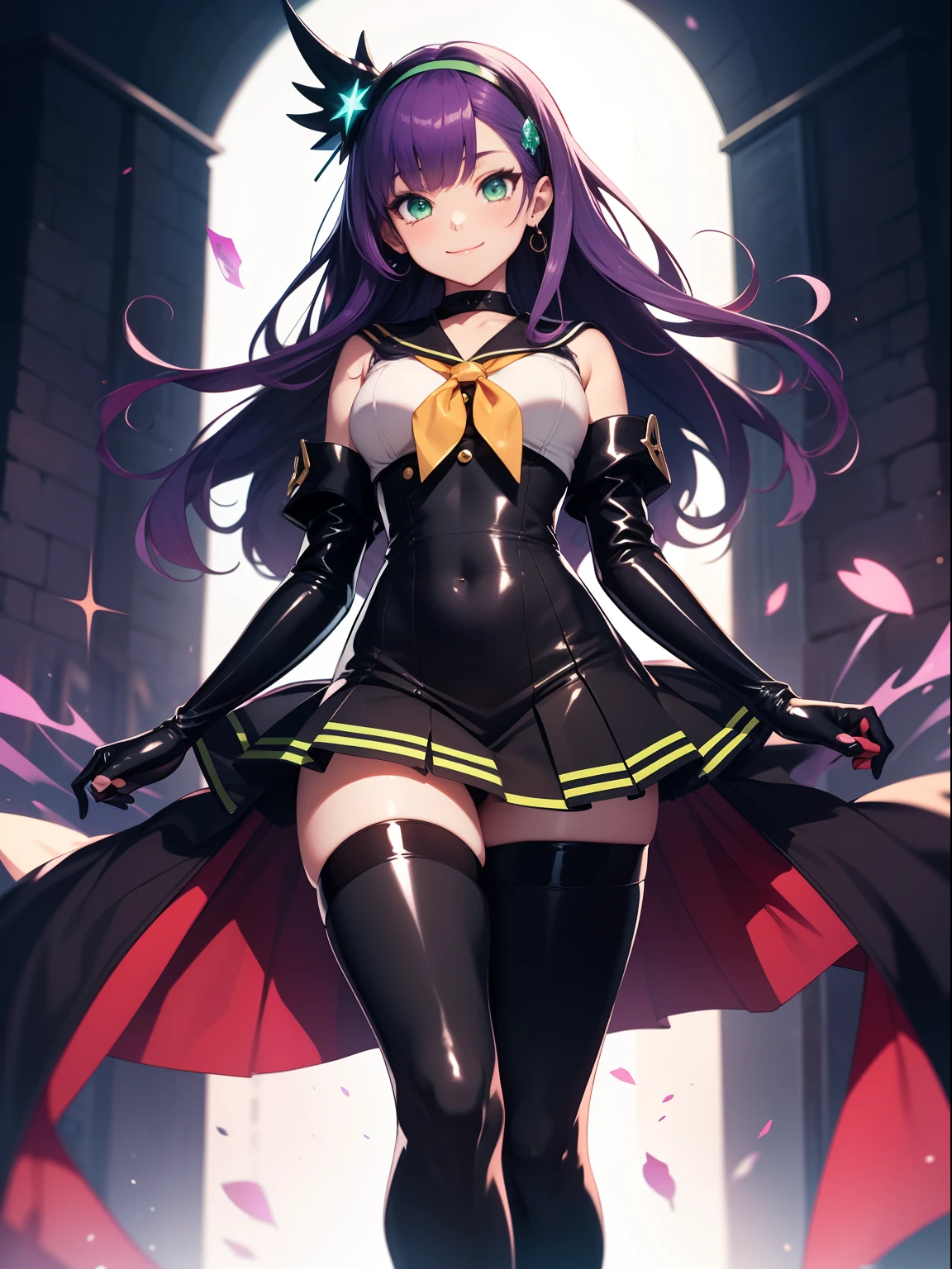 Masterpiece, high quality, female, magical girl, black long curly hair, purple hair band, bright green eyes, villainous smile, latex skin tight sailor uniform, mid drift, bellh button, short flowing skirt, black thigh high stockings, thighs, fighting againts other magical girls