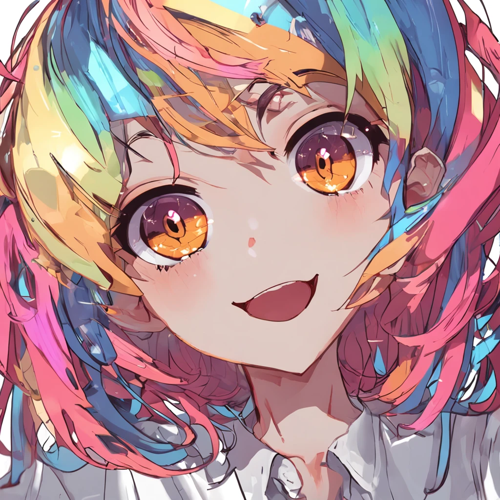 multicolored hair, hair bobbles, dilated pupils, hollow eyes, clenched teeth, light smile, drunk, yandere, modern, Surrealism, highres, UHD, 1080P, ccurate, masterpiece, 4K