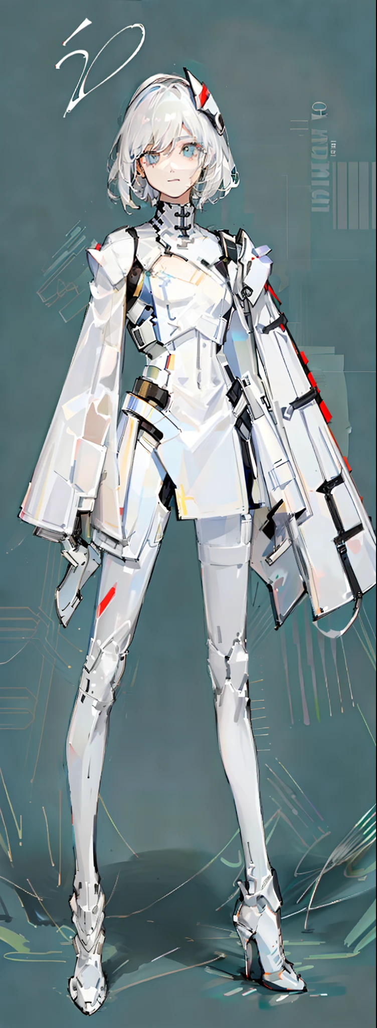 character design,One dressed in white,red peach, glossy white armor, streamlined white armor, sleek white armor, clothing design, clear outfit design, full body concept, sleek streamlined white armor, detailed white armor, full body adoptable, new costume concept design, sleek bright white armor, modern clean white armor, matt white color armor,1 boy,Male,Young man,The right leg is a mechanical prosthesis,droid,white colored eyelashes,White eyes,White color hair