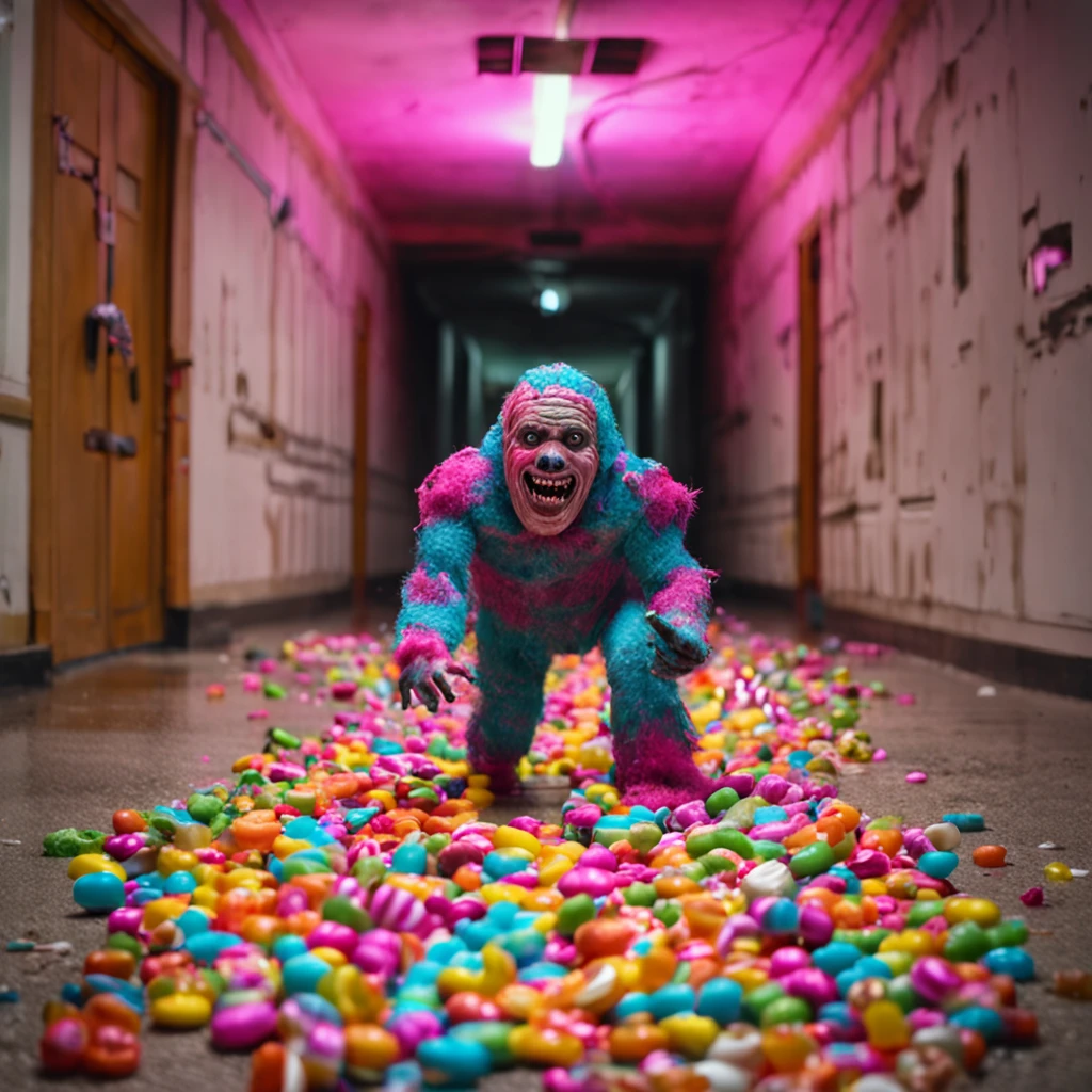 A humanoid monster made of candy running towards the camera, ponto de vista, The monster is in an abandoned and dirty corridor, The floor is covered with sweets, There are several people lying on the floor of the hallway, estilo filme de terror, camera DSLR, alta resolução, 4k