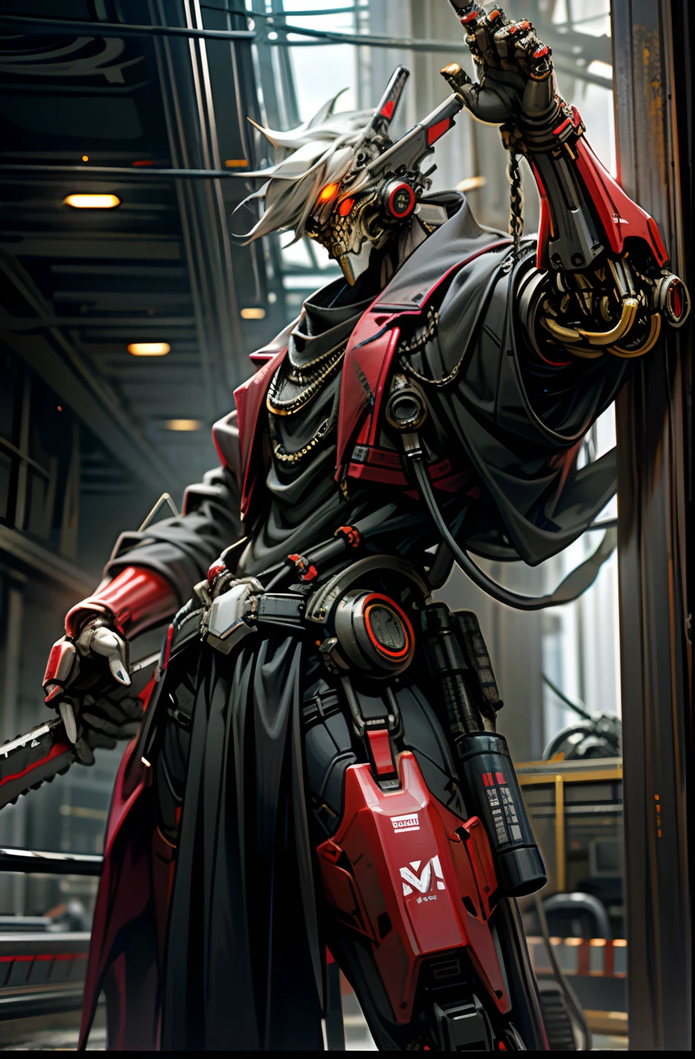 Dark_Fantasy,Cyberpunk,(chain saw,chain saw man,Red:1.1),1man,Mechanical marvel,Robotic presence,Cybernetic guardian,