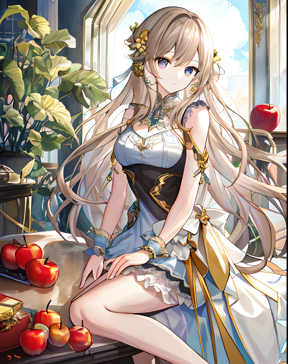 An apple is placed on the table,((tmasterpiece)),illustration,high detal,softlighting,delicacy,Bright colors,aestheticly pleasing,Studio lighting,Fashion trends