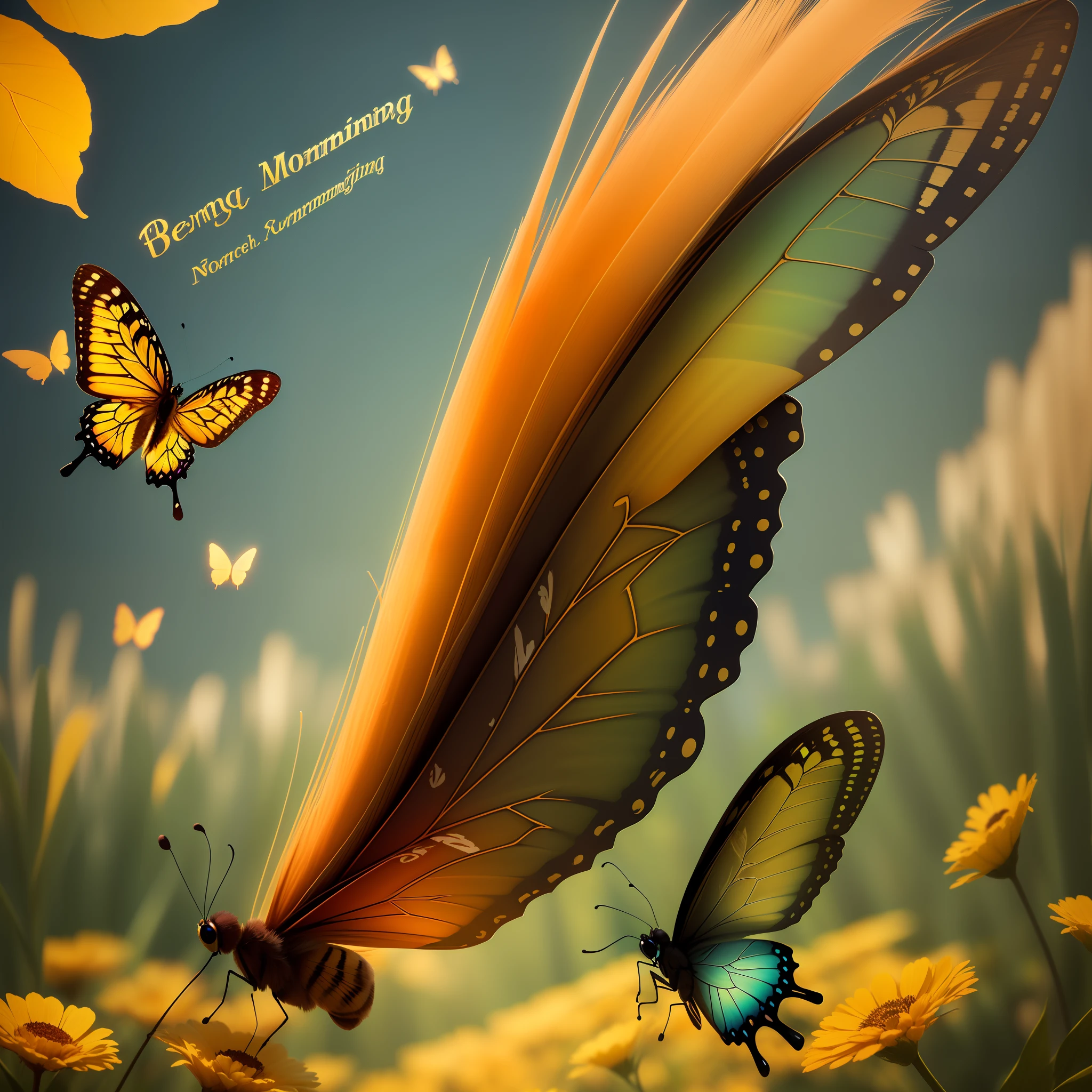 3d text semina good morning beeches flying butterfly