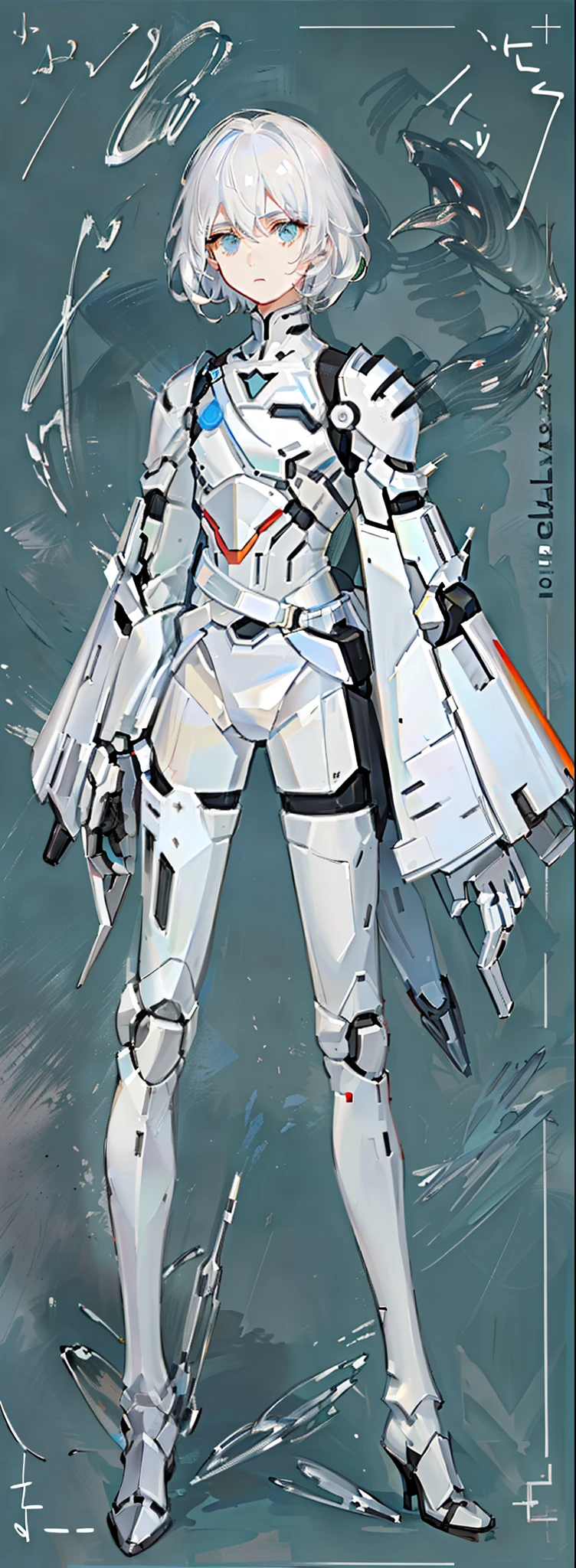 character design,One dressed in white,red peach, glossy white armor, streamlined white armor, sleek white armor, clothing design, clear outfit design, full body concept, sleek streamlined white armor, detailed white armor, full body adoptable, new costume concept design, sleek bright white armor, modern clean white armor, matt white color armor,1 boy,Male,Young man,The right leg is a mechanical prosthesis,droid,white colored eyelashes,White eyes,White color hair