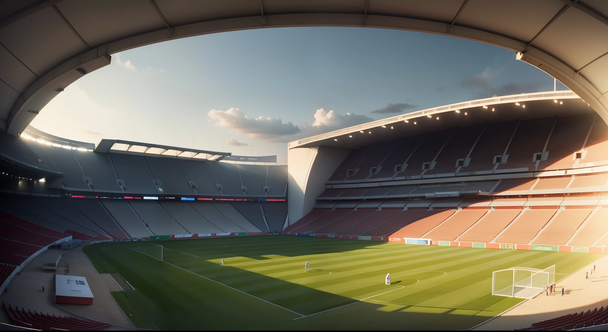 Alafid view of the stadium，Green areas and skylights, a picture by Jakob Gauermann, reddit, Happening, wide long view, Stadium, Wide-angle panoramic shooting, stadium setting, wide long shot, stadium landscape, Wide view, completely empty, “wide shot, panoramicshooting, 3 / 4 wide shot, panoramicshooting, soccer court,Red runway