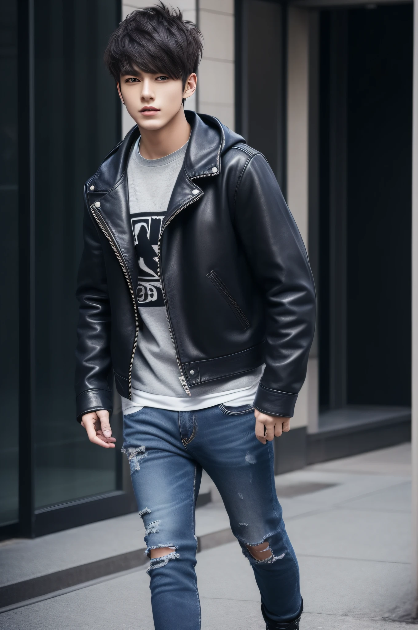 Casual style portrait of 20 year old Japan male idol、For autumn-winter。Zara Black Leather Jacket、gray hoodie、dark jeans、Dr. Martens Black Boots、Wearing a leather bracelet。The look is cool and fashionable。Hairstyles are short、Textured appearance、For medium hold、Reflects an energetic and stylish personality。