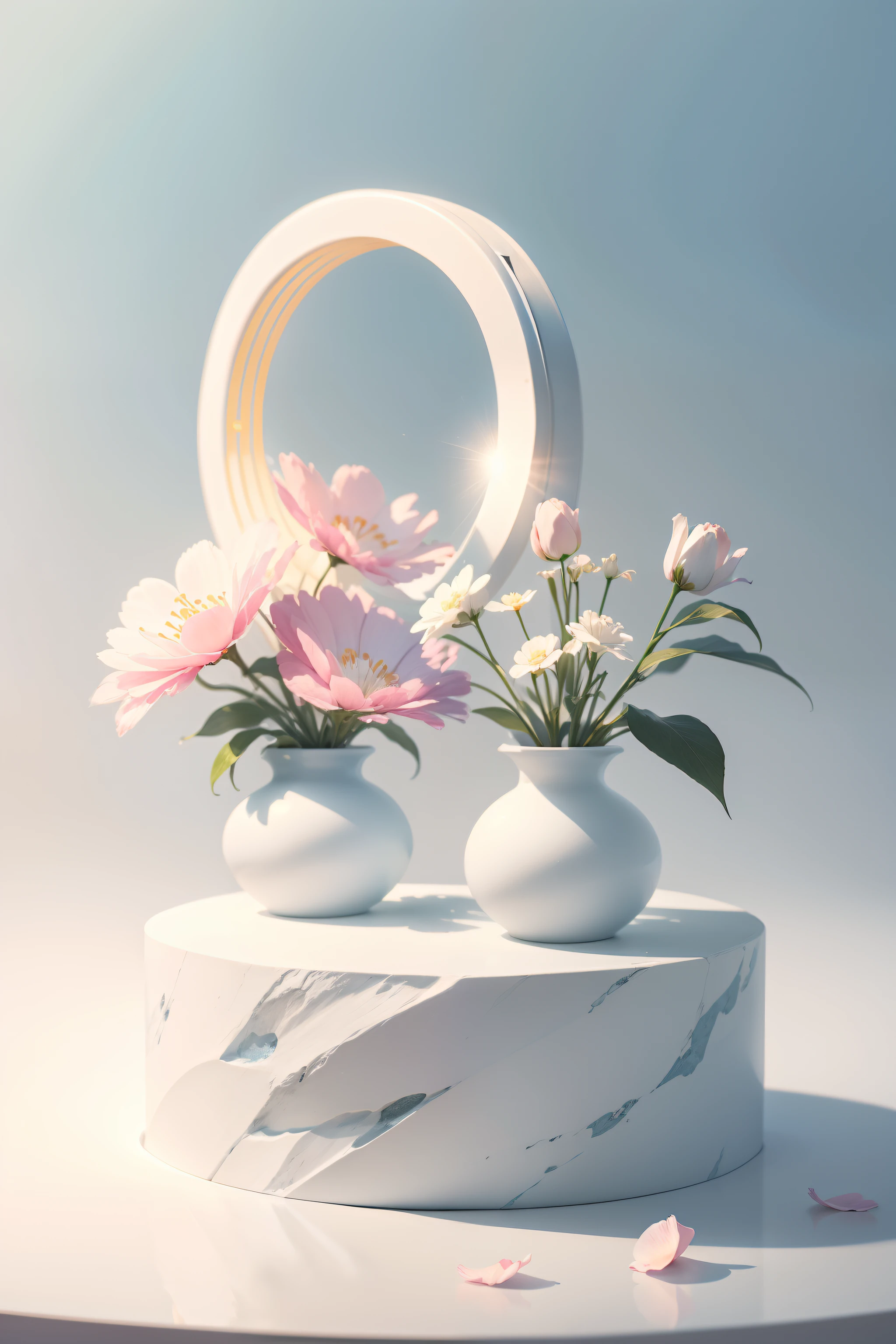 Light blue and white minimalist e-commerce background,In the middle is a large white circular platform,There is a small stone next to it,(Pink petals),Background light and shadow,brightly,k hd,8K分辨率,vases,floral arrangements