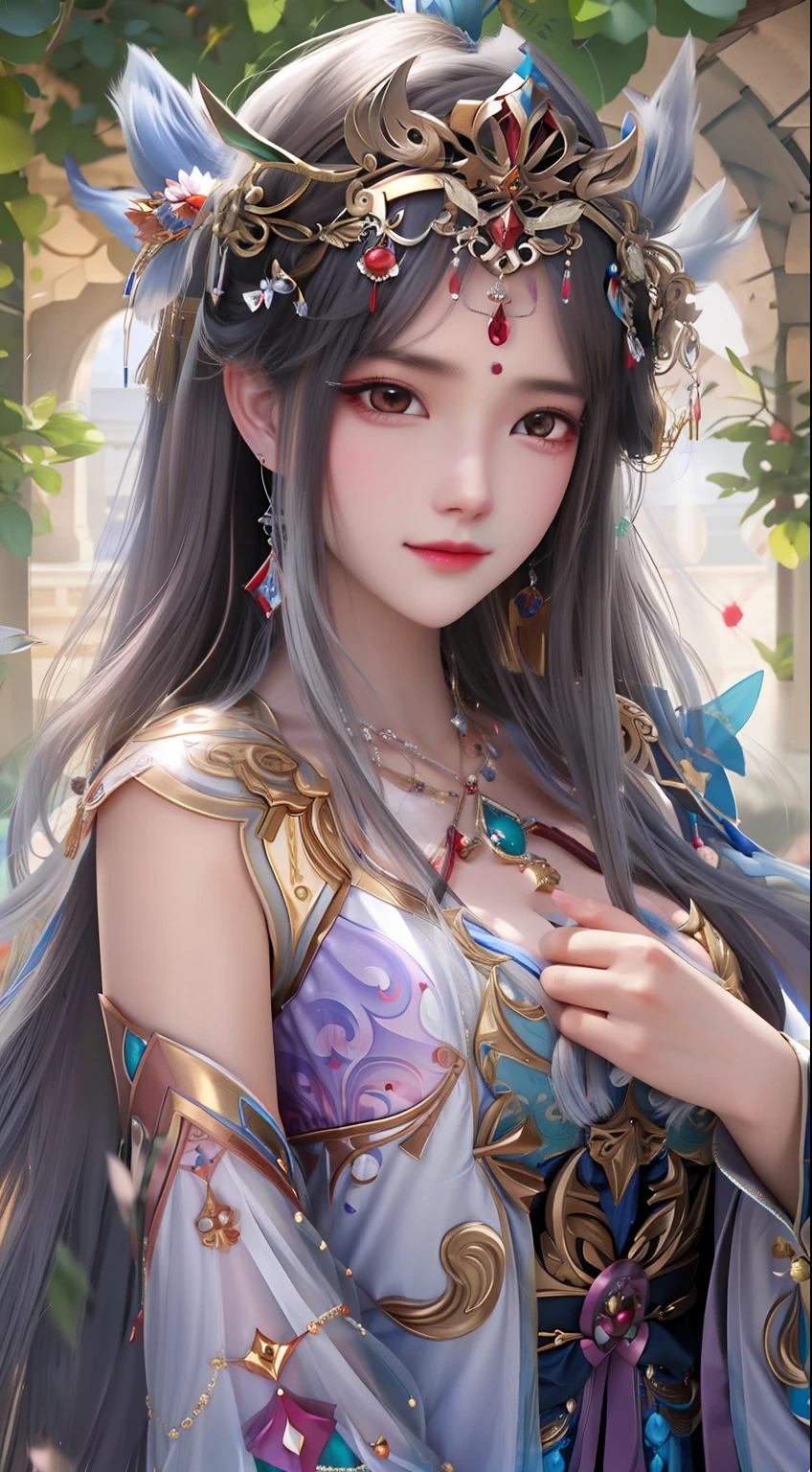 A long hair，Woman with a crown on her head, ((a beautiful fantasy empress)), a beautiful fantasy empress, Beautiful character painting, Portrait Chevaliers du Zodiaque Fille, Anime goddess, inspired by Du Qiong, Beautiful young wind spirit, beautiful teenage girl, 8K high quality detailed art, Inspired by Lan Ying, by Yang J, Fantasy art style, author：Fan Qi