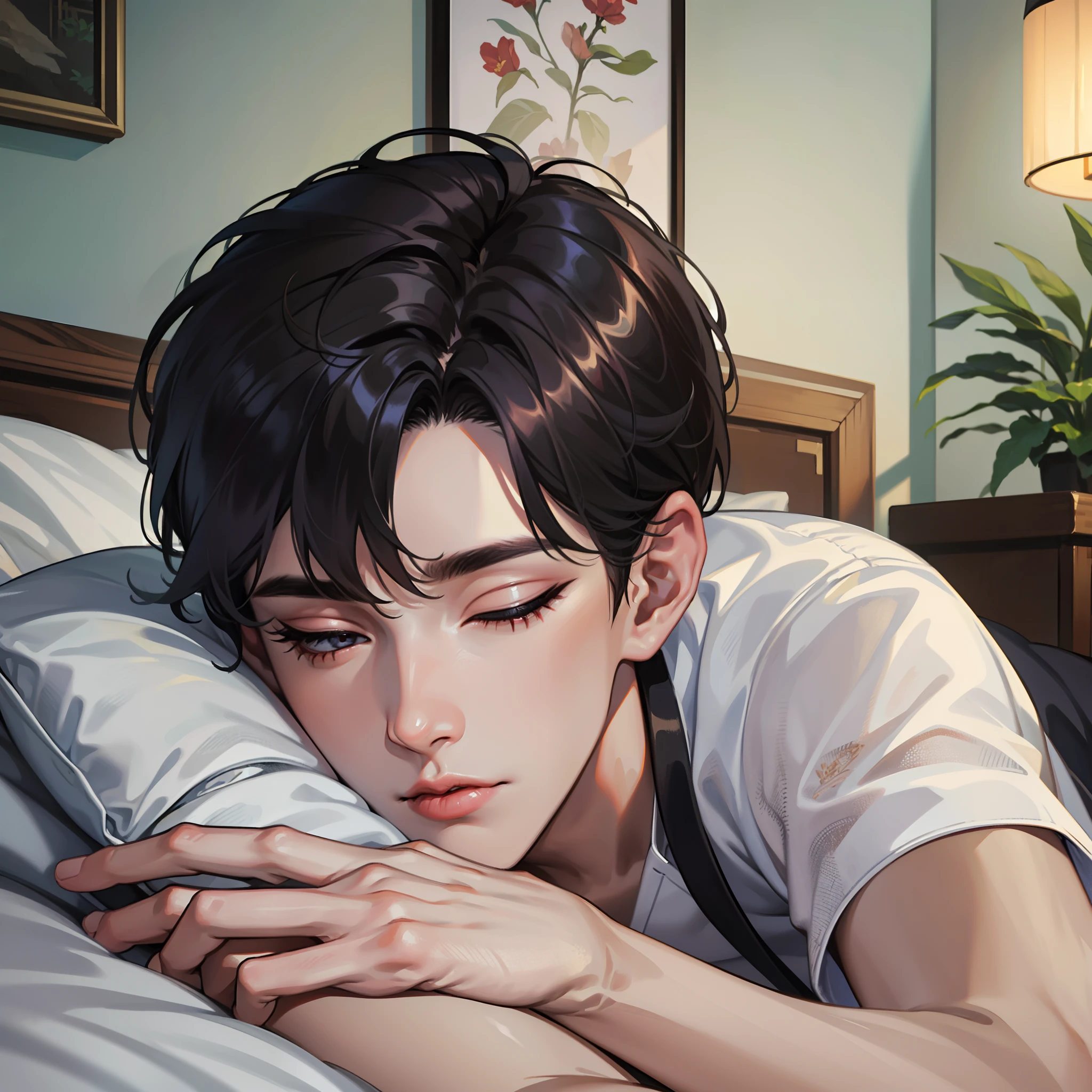 A 20-year-old boy wearing casual clothes with short black hair,Recline on the sofa,With his eyes closed,Inside the hotel,grand master,tmasterpiece,8k wallpaper,CG,Ultra-high image quality,light and shadow effect