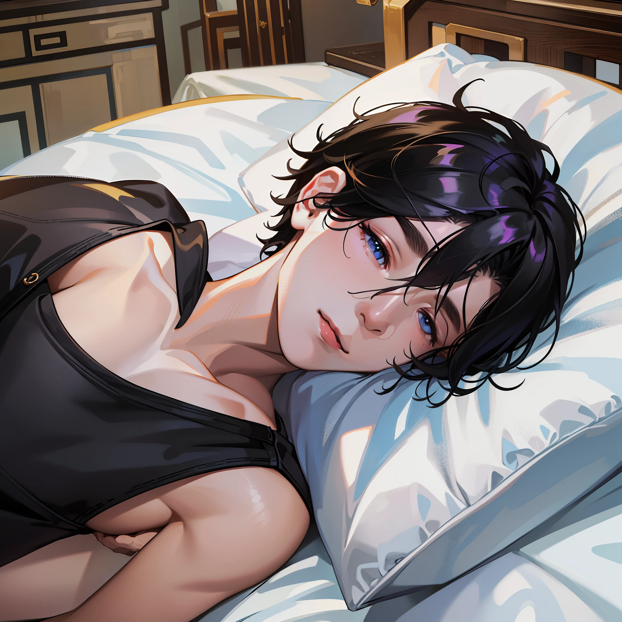 tmasterpiece，best qualtiy，realisticlying，Overhiring，8K， ember， （Young Chinese men： 1.5）， shoun， handsome， 独奏， Scene interior， largeeyes， tall nose bridge， pale white face， Lie down in bed， face expressionless， Cover with a quilt， Keep your eyes closed， fully dressed，On the verge of death，short- sleeved，(black color hair:1.4）