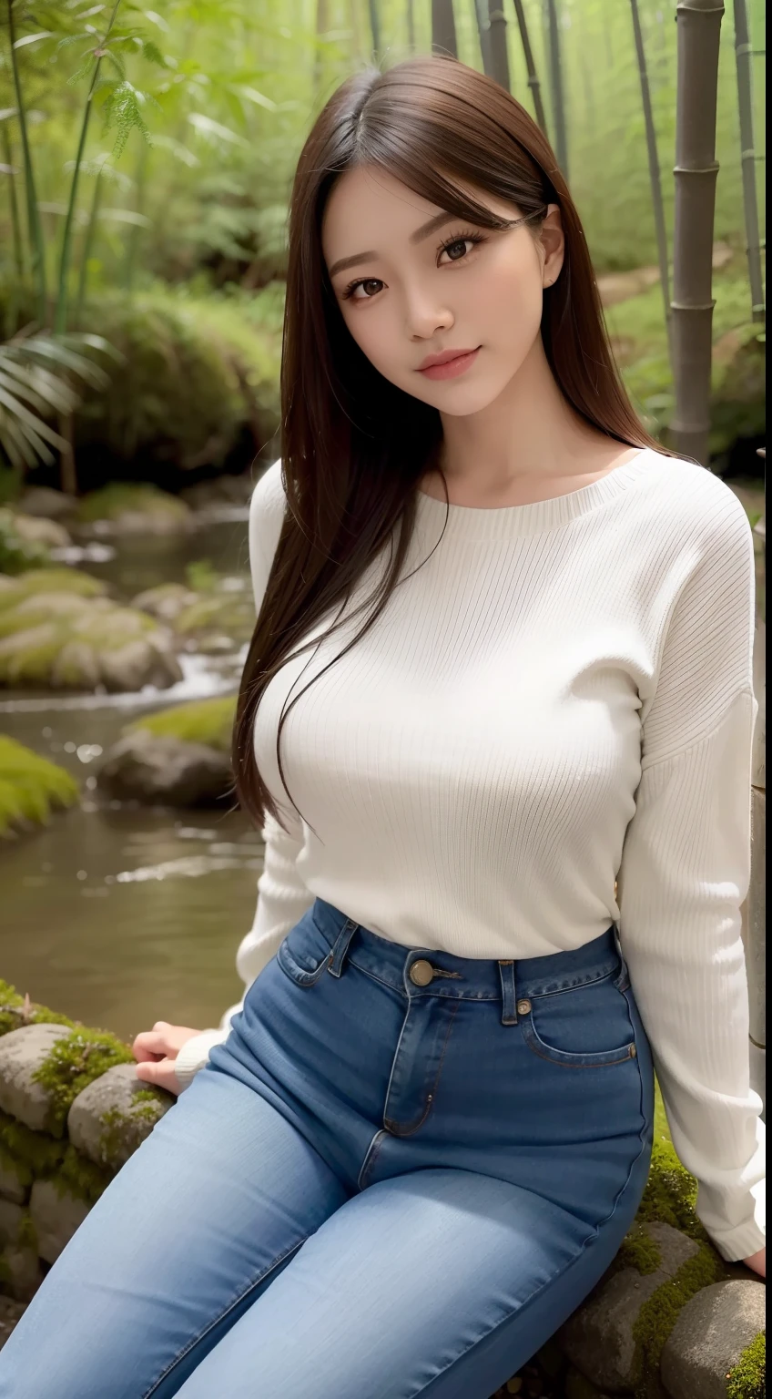 a pregirl，ssmile，looking at viewert，Tight sweater，skintight jeans，photore, realisticlying, Best quality at best， 详细的脸，Detailed eyes，Sitting sideways on a large mossy stone in a bamboo forest，It is surrounded by a river， diffuselighting, depth of fields