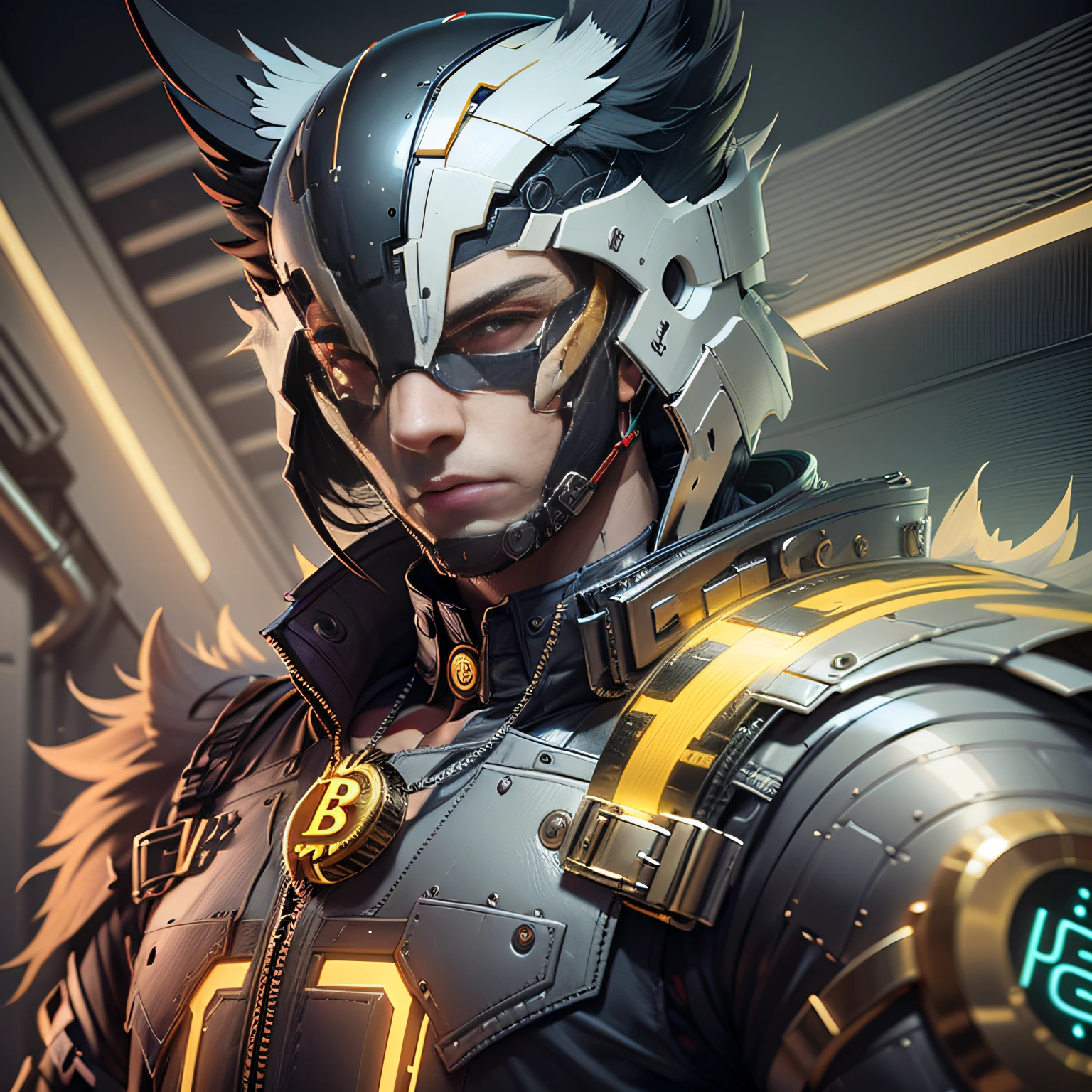 EAGLE CHARACTER black, encapuzado, com colar de bitcoin, cyberpuk, red neon mask