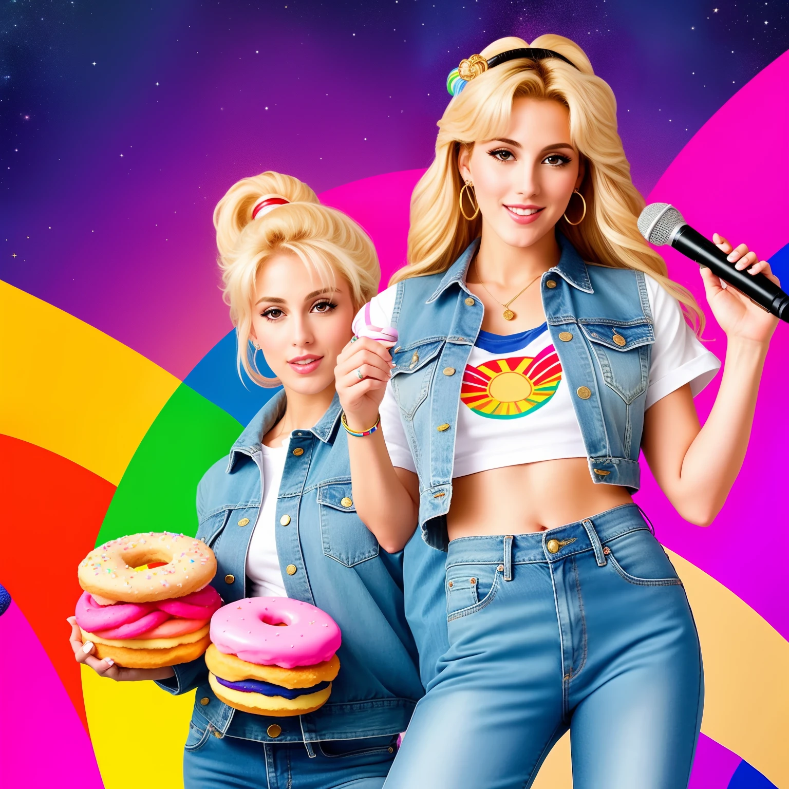 "(Mature and realistic portrayal:1.2) Sailor Moon exuding confidence as she holds a microphone, her blonde hair cascading down, adorned in stylish rainbow denim clothes from the 2000s, with a backdrop filled with donuts."