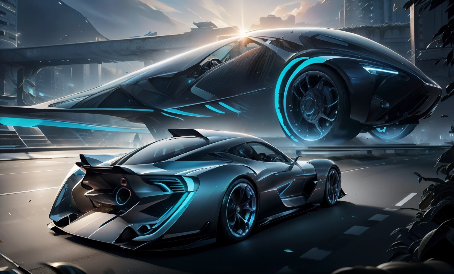 a car designers dream concept car of the future year 10,000, the color of an iridescent peacock, with visual aggressiveness, track equipped futuristic technology, augmented aerodynamic reality providing an immersive driver experience, professional automotive photography, 64k resolution hyperdetailed.