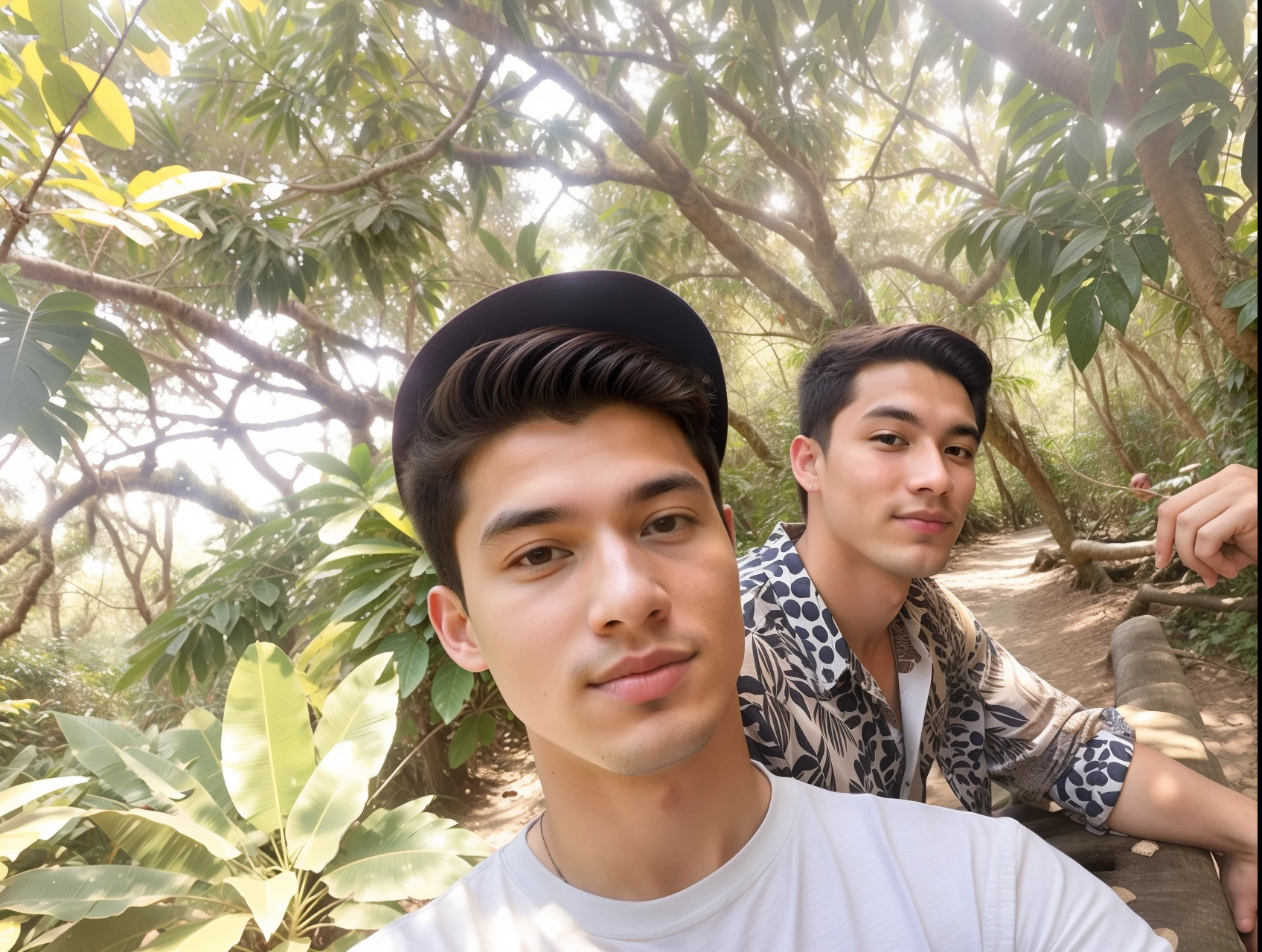 there are two men sitting on a bench under a tree, in sunny weather, in jungle, in garden, foto, selfie photo, in jungle forest !!!, two young men, selfie, ayan nag, taken with the best dlsr camera, in jungle forest, tumblr, potrait, help me, with trees, old picture, cute boys, on beach