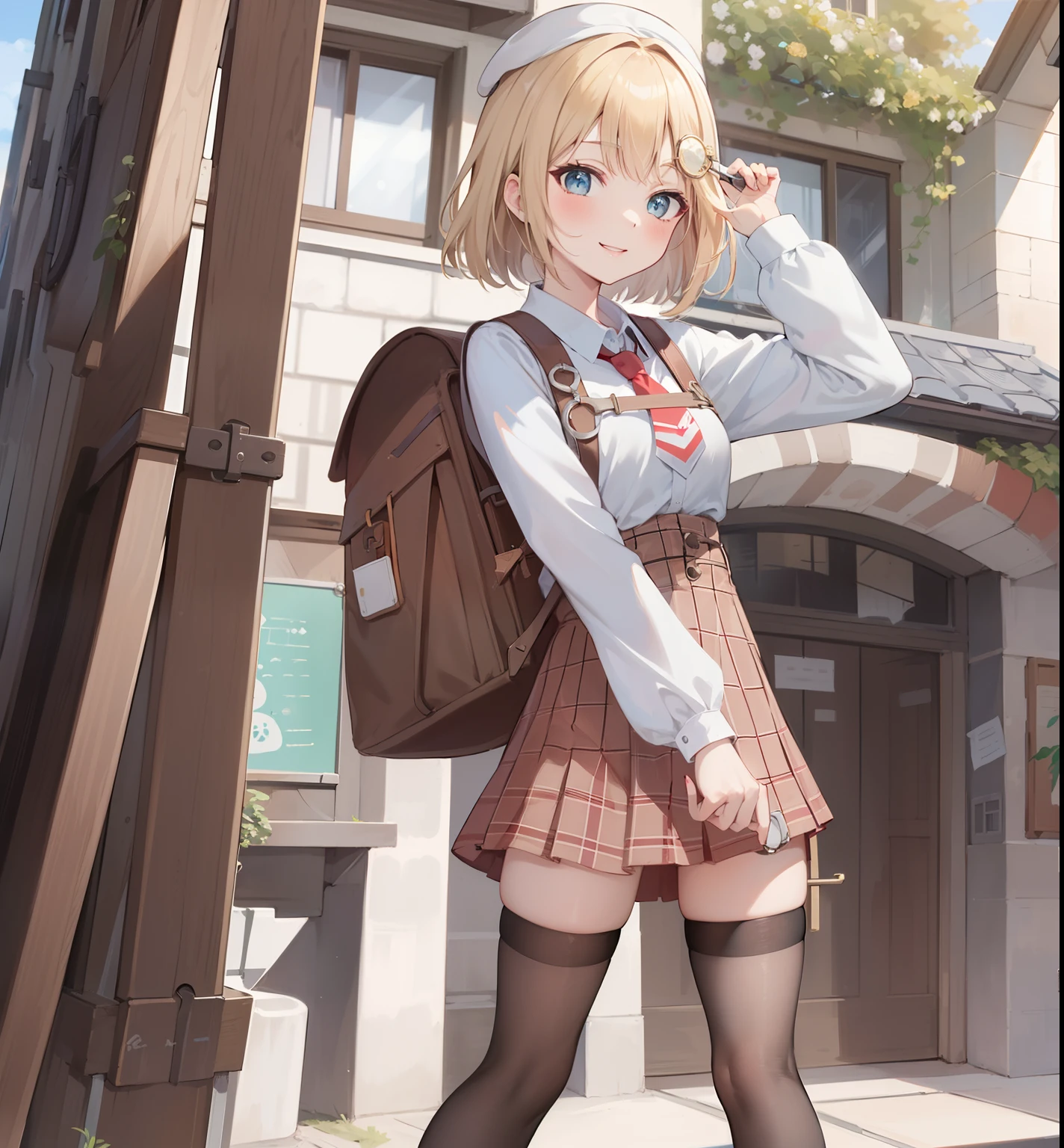 2d, masterpiece, best quality, anime, highly detailed, full body, 1girl, solo, amelia_detective, collared shirt, red necktie, plaid skirt, thighhighs, monocle hair ornament, standing, detective robe, stetoscope, smile, straight-on, outdoor, sunlight, day, wearing randoseru backpack, (randoseru backpack:1.0)