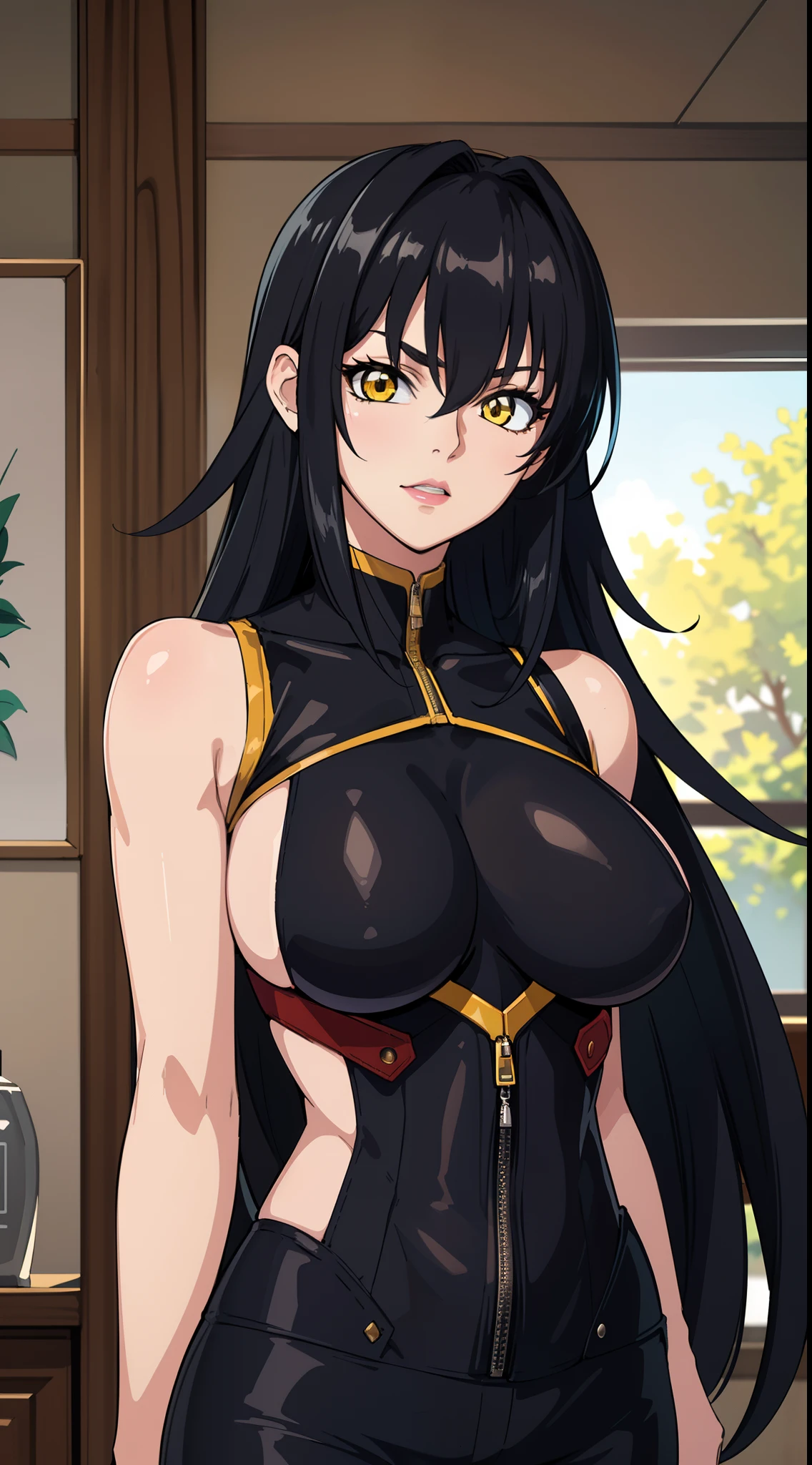professional artwork, Intricate Details, field of view, sharp focus, detailed painting, photorealistic lighting, trending on pixiv,(masterpiece:1.0),(best_quality:1.0), ultra high res, ultra-detailed, photography, 8K, HDR, highres, absurdres:1.2, Kodak portra 400, film grain, sharp focus, bokeh:1.2, lens flare, (vibrant_color:1.2), (((indoors, dark night district))), Annerose, 1girl, female mature, ((long hair, black hair:1.4)), (yellow eyes), large breasts, ((bodysuit, short pants)), soft skin, hair intakes, (solo:1.4), (upper body, half body shot, covered breasts, side boobs), seductive, shiny clothes