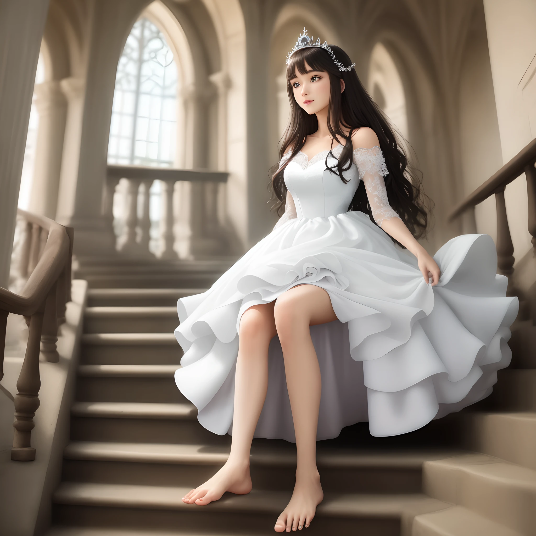 Barefoot beauty in white princess dress