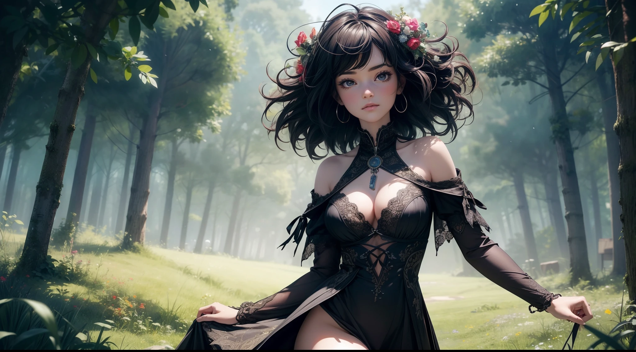 village field peasant woman, 24-year-old female, (face detail), magic lights, magic necklace, dress, neckline, (lacy), [[((forest)):((field)):0.25]:((village)):0.6], train on background, magic technologies, futurism, fantasy, magic, silk, 1girl, masterpiece, best quality, decollete, natural breasts, slim body, zettai ryouiki, medium length hair, (beautiful detailed bright eyes), portrait, (full body), (beautiful and aesthetic:1.2, fractal art:1.4), most realistic, hyper-realistic, RAW, highest quality, best quality, Detailed, Realistic, 4k highly detailed digital art, octane render, bioluminescent, (cool_color), best pixels, 8k ultra, extremely detailed CG unity 8k wallpaper, cinematic lighting