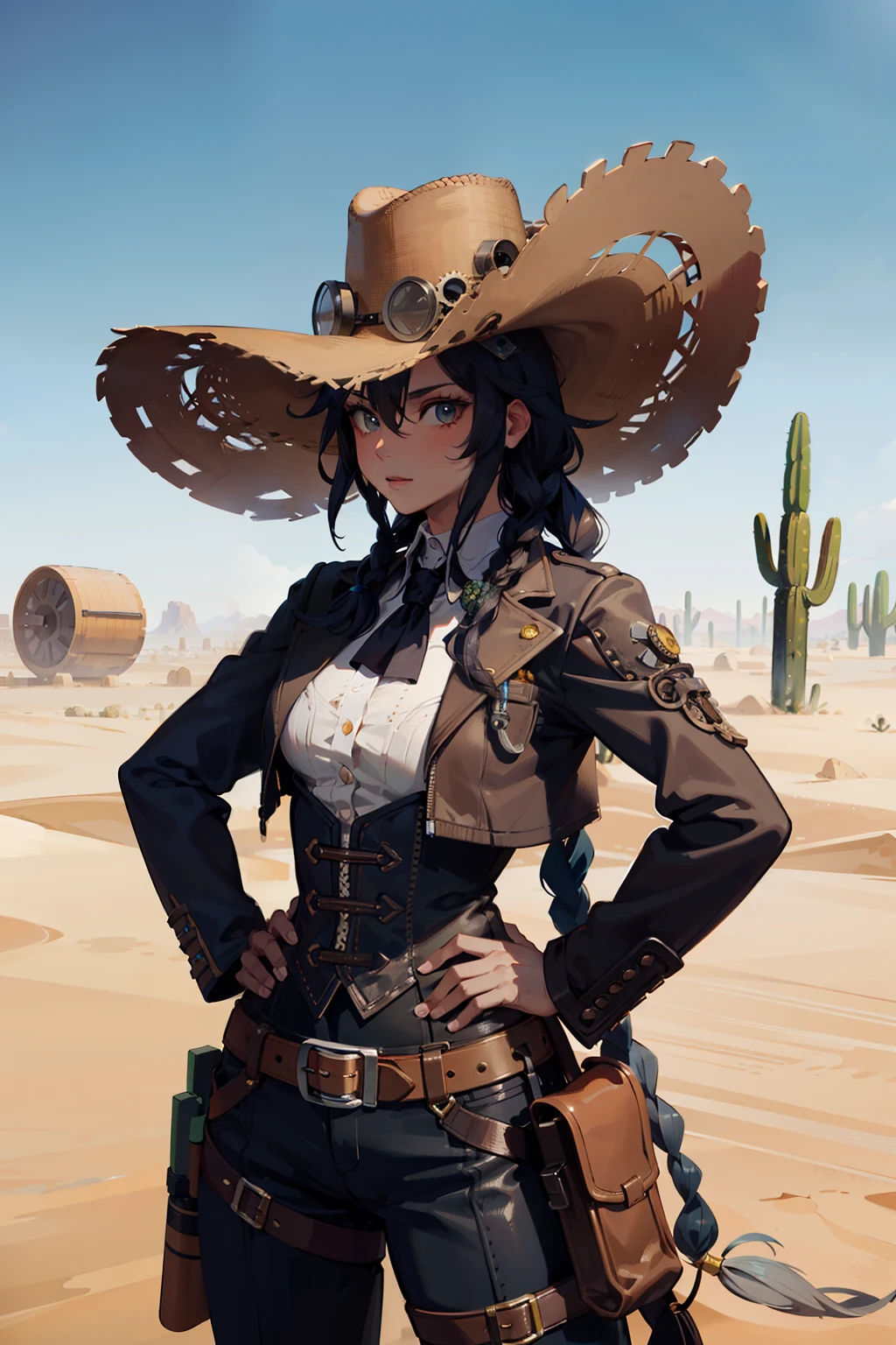 1blackgirl, dread long hair, cogs, steampunk, cyborg, desert, upper body, steam, daylight, strong light, cactus, haybales, cowboy hat, hands on hips, desert scenery