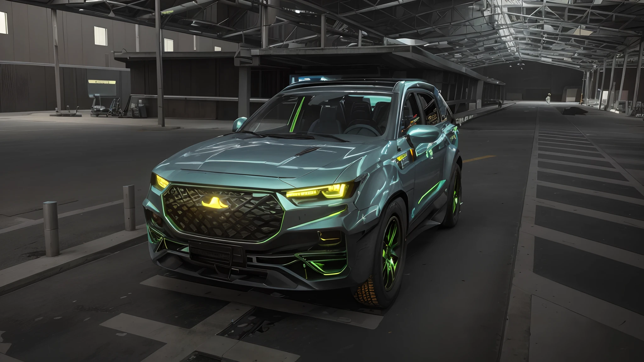 a 3/4 front view of ((futuristic cyberpunk hotrod zeekars)) (with glowing tires), at the parking lot,