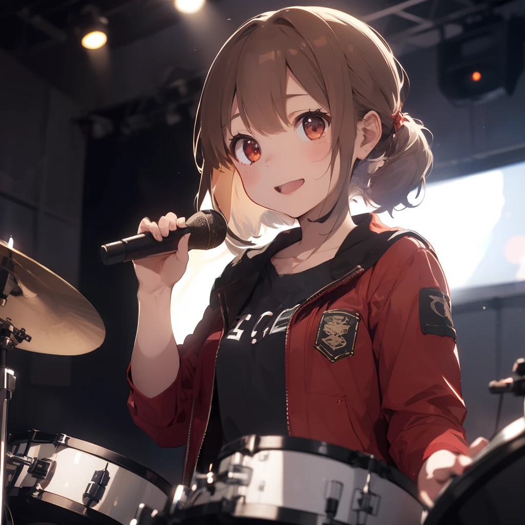 1girl in, long,Drum kit、, (depth of fields, Ambient lighting, Drum kit:1.3), solofocus, (depth of fields, Ambient lighting, Clear backgrounds:1.3), Atmosphere, Light flare, intricate detailes, enhanced lighting、ssmile、Stage with the audience、portlate、Red jacket、Black shorts、Stage costumes