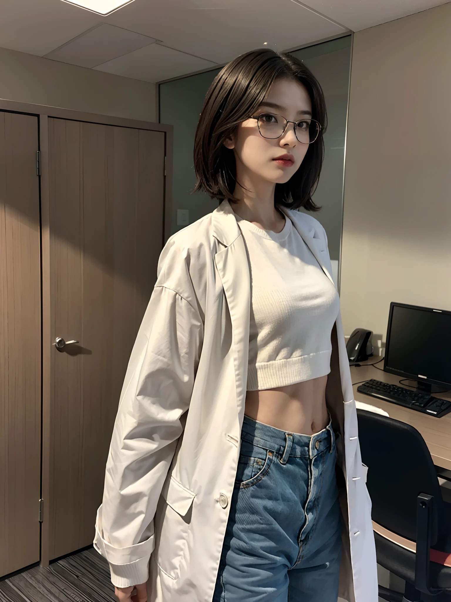 ((smallunderboob,Tomboyish,small heads)), (Well-defined abs: 1.1), (perfect bodies: 1.1), (short-length straighthair: 1.2), Black hair,Wearing glasses， fully body photo, Wear a white vest，doctor outfit，（long white coat：1.2），Loose plaid trousers，（极其细致的CG 8k壁纸），（Extremely refined and beautiful），（tmasterpiece），（best qualtiy：1.0），（超A high resolution：1.0），beautiful light up，Perfect lightning，realistic shaded，[A high resolution]，Delicate skin，ultra - detailed ，in hospital，in a office
