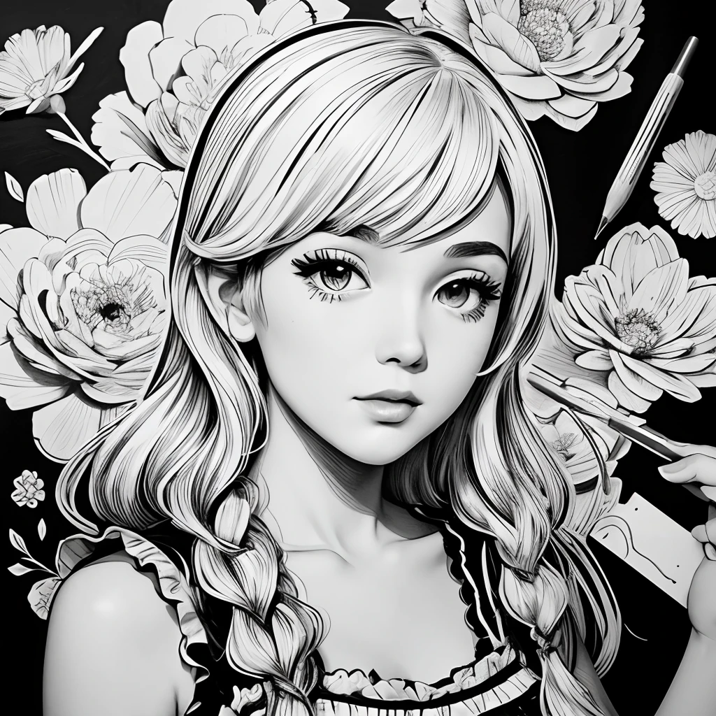 Black and white stick figure 1 girl with flowers,  lots of flowers in background, loli in dress with flowers, its fine ink line art, comic style, portrait of ploynesian girl, Marilyn Munroe, Hollywood glam, beautiful line art, black and white comic style, manga style, manga art style, pencil and ink caricature drawing, black and white coloring