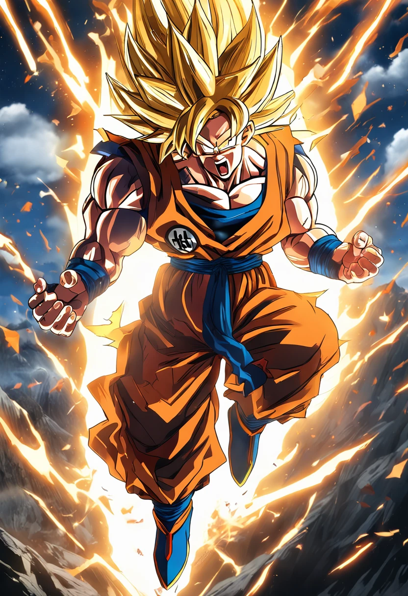 majestic masculane goku super sayan , mountains background , flying 20 inches from the ground , opening his both arms , Kamehameha ball floating above his both hands , ultra realsitc , raining weather.
