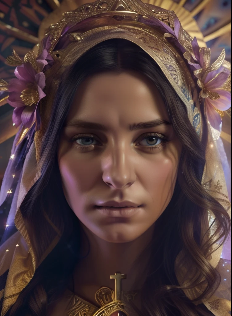 (Enfoque frontal), (En la oscuridad:1.6), (((Hyperrealistic portrait of the Blessed Virgin Mary))) por David Hockney y Alphonse mucha, fantasy art, foto realista, dynamic lighting, Artstation, poster, volumetric illumination, Caras muy detalladas, 4 mil, premiado, 1chica, En la oscuridad, sombra profunda, clave baja, (ropa oficial: 1.4), Cabello largo,