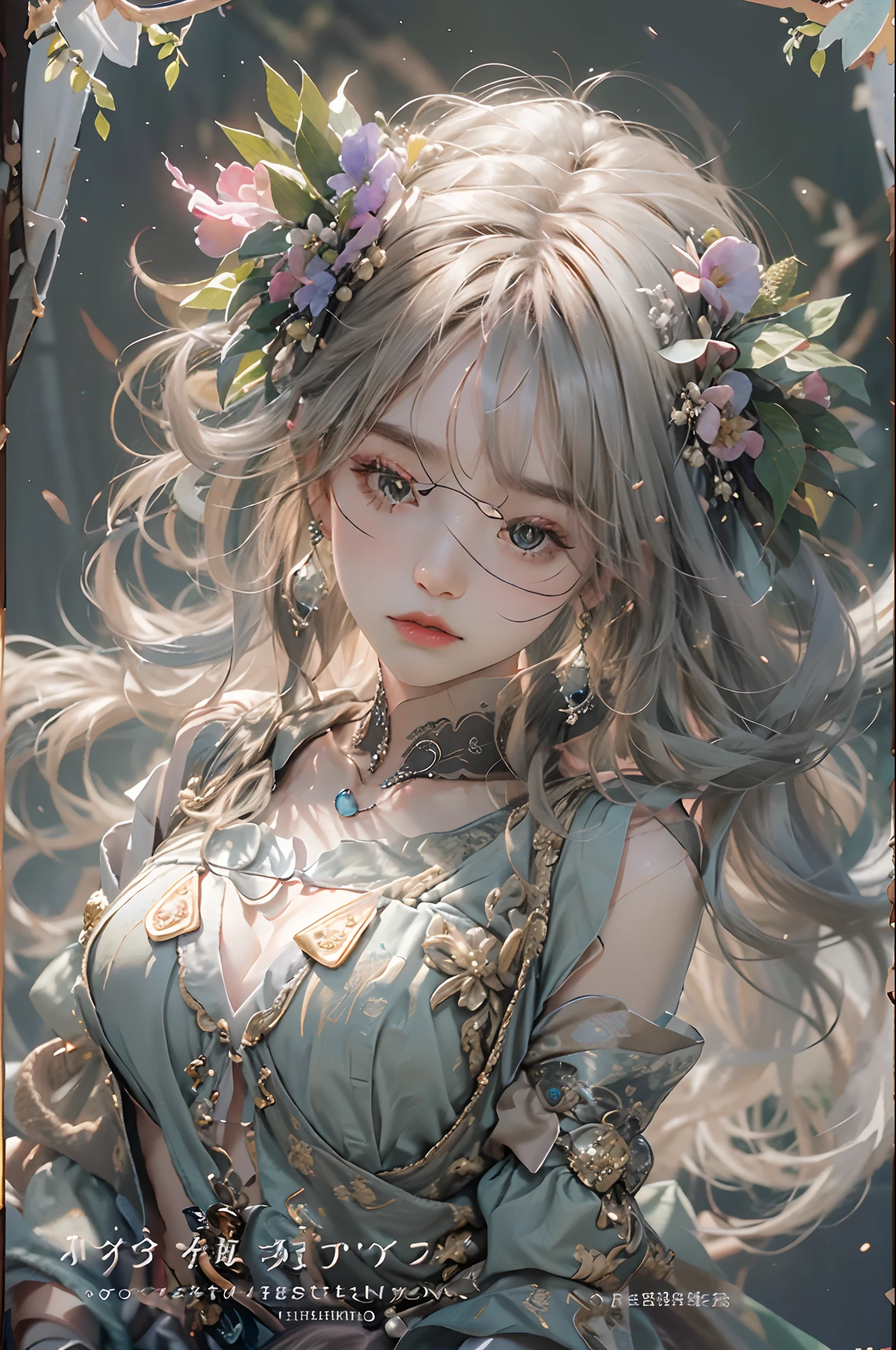 (Hyper-realistic) , (illustratio), (Increase the resolution), (8K), （RAW photos，best qualtiy），（realisticlying，photograph realistic：1.3），best qualtiy，highly  detailed，tmasterpiece，Hyper-detailing，( the wallpaper), (详细的脸), 独奏,1girll,Moyou,Realistic, Universe, Lucy was wearing a full dress, hair flower, hair scrunchie, hair adornments, ribbon, Ribbon trim, Lace trim, necklace, jewelry, bangle, Stud earrings, choker necklace，Fantasyart，photographrealistic，动态照明，art  stations，poster for，Volumetriclighting，Very detailed faces，4 k''，Award-Awarded，，1girll，in the darkness nigth，deep shading，low tune，Cowboy photos,(formal outfit:1.4),long whitr hair,whaite hair,