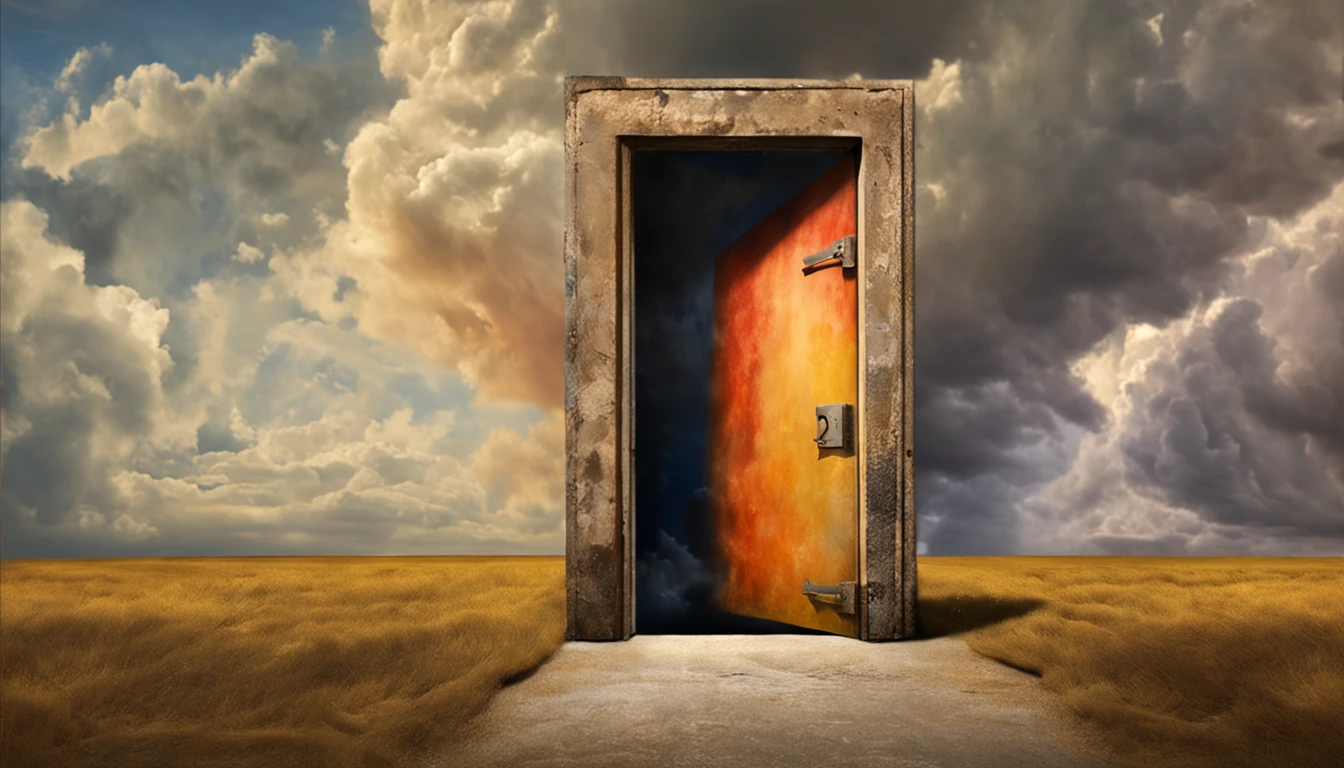 a close-up of a door leading to a cloud in the sky, nuvens hiper realistas, dreamlike surrealism, Dreams invade mundane spaces, Nuvens surreais, Surrealismo!!!!, Arte surrealista, magic portal in the sky, Surrealismo caprichoso, Portal dos Sonhos, em uma nuvem, In the style of René Magritte, fotografia surrealista, Opening the portal to another dimension, Portal para outro mundo