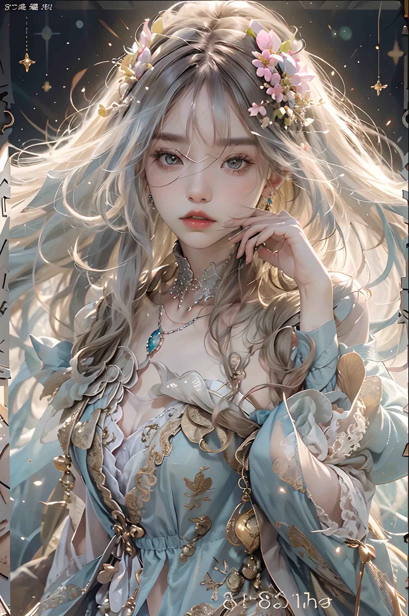 (Hyper-realistic) , (illustratio), (Increase the resolution), (8K), (RAW photos,best qualtiy),(realisticlying,photograph realistic:1.3),best qualtiy,highly detailed,tmasterpiece,Hyper-detailing,( the wallpaper), (详细的脸), 独奏,1girll,Moyou,Realistic, Universe, Lucy was wearing a full dress, hair flower, hair scrunchie, hair adornments, ribbon, Ribbon trim, Lace trim, necklace, jewelry, bangle, Stud earrings, choker necklace,Fantasyart,photographrealistic,动态照明,art stations,poster for,Volumetriclighting,Very detailed faces,4 k'',Award-Awarded,,1girll,in the darkness nigth,deep shading,low tune,Cowboy photos,(formal outfit:1.4),long whitr hair,whaite hair,