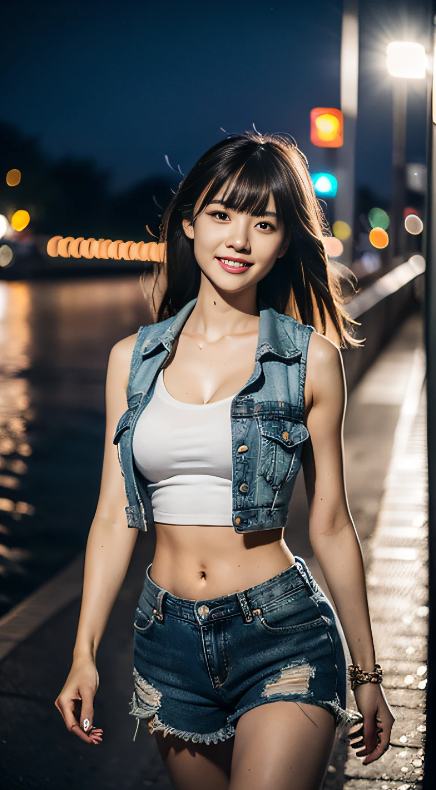 （8K分辨率，Photo above the thigh，Side photo of walking），（1womanl，20yr old，（（Wide bone face，s delicate face，详细的脸）），（Coiled hair，Elongated bangs），（Redlip，The smile showed tiger teeth），Fair smooth skin，（Best Skin Type：1.21），gigantic cleavage breasts，（Gray sleeveless T-shirt，（Ultra-short，exposing your navel），tight denim shorts，（（Vest line）），（Attractive thigh texture），bangle，busty figure，（The model does not look at the camera，Look ahead，Open legs，Walking on the road），perfect hand，Ultra-fine clothing material），（City night background，Deep view，Exquisite environmental details），（Professional lighting，动态照明），（（The color is uniform，（white colors，brown pubic fur，black in color，red colour））），（Golden section，Cinema lenses，Thin lens stretch effect，Hasselblad photograp，tmasterpiece：1.3），（The object of fantasy，fashion art，trendsetting，Artis，Art platform）