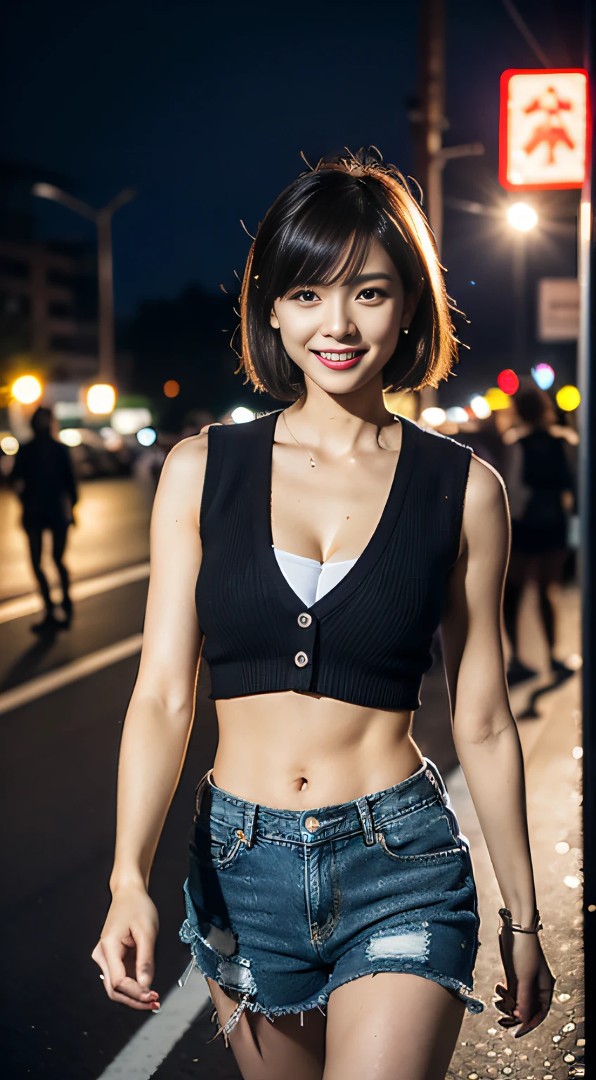 (8K分辨率,Photo above the thigh,Side photo of walking),(1womanl,20yr old,((Wide bone face,s delicate face,详细的脸)),(Coiled hair,Elongated bangs),(Redlip,The smile showed tiger teeth),Fair smooth skin,(Best Skin Type:1.21),gigantic cleavage breasts,(Gray sleeveless T-shirt,(Ultra-short,exposing your navel),tight denim shorts,((Vest line)),(Attractive thigh texture),bangle,busty figure,(The model does not look at the camera,Look ahead,Open legs,Walking on the road),perfect hand,Ultra-fine clothing material),(City night background,Deep view,Exquisite environmental details),(Professional lighting,动态照明),((The color is uniform,(white colors,brown pubic fur,black in color,red colour))),(Golden section,Cinema lenses,Thin lens stretch effect,Hasselblad photograp,tmasterpiece:1.3),(The object of fantasy,fashion art,trendsetting,Artis,Art platform)