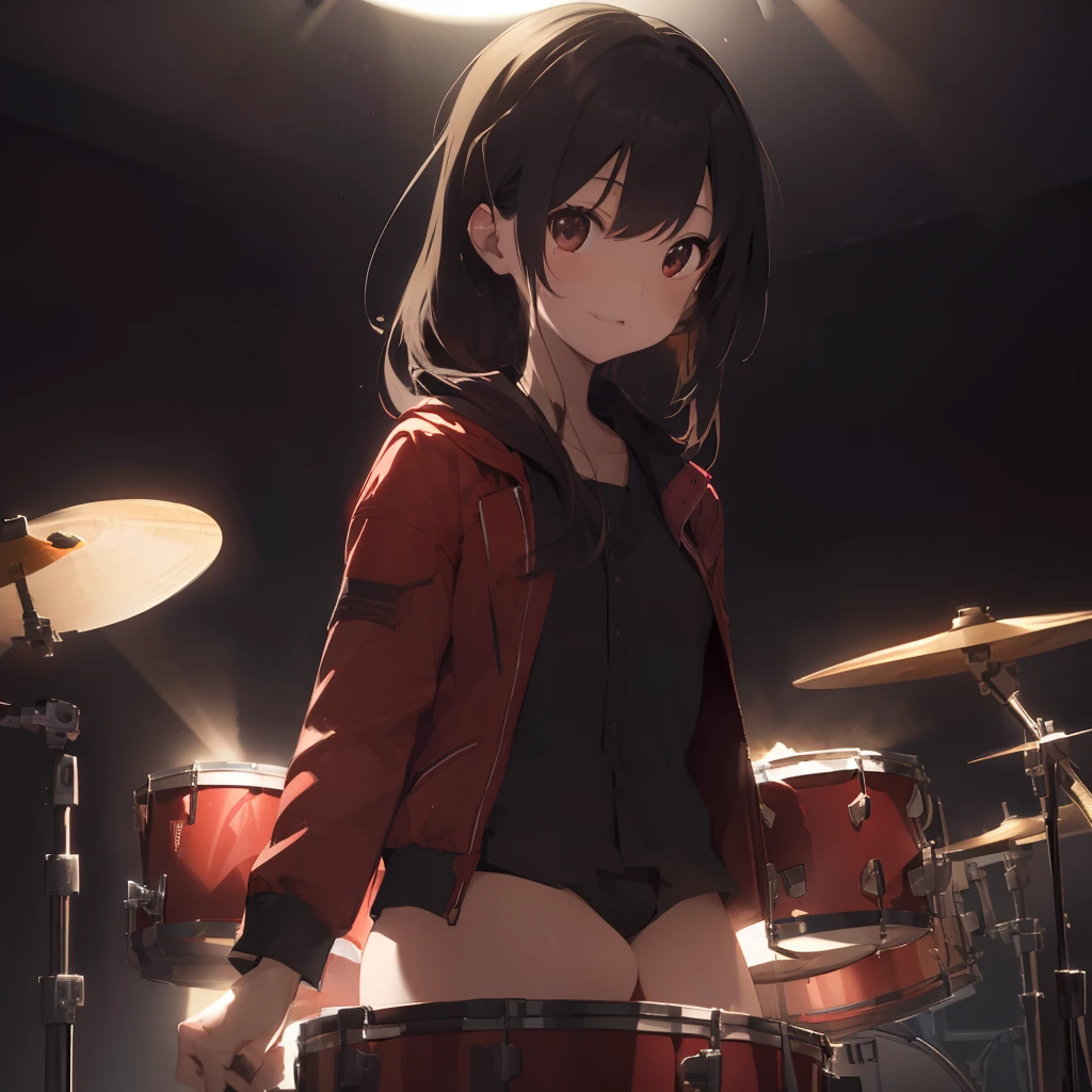 1girl in, long,Drum kit、, (depth of fields, Ambient lighting, Drum kit:1.5), solofocus, (depth of fields, Ambient lighting, Clear backgrounds:1.3), Atmosphere, Light flare, intricate detailes, enhanced lighting、ssmile、Stage with the audience、portlate、Red jacket、Black shorts、Stage costumes、Hold a stick in both hands