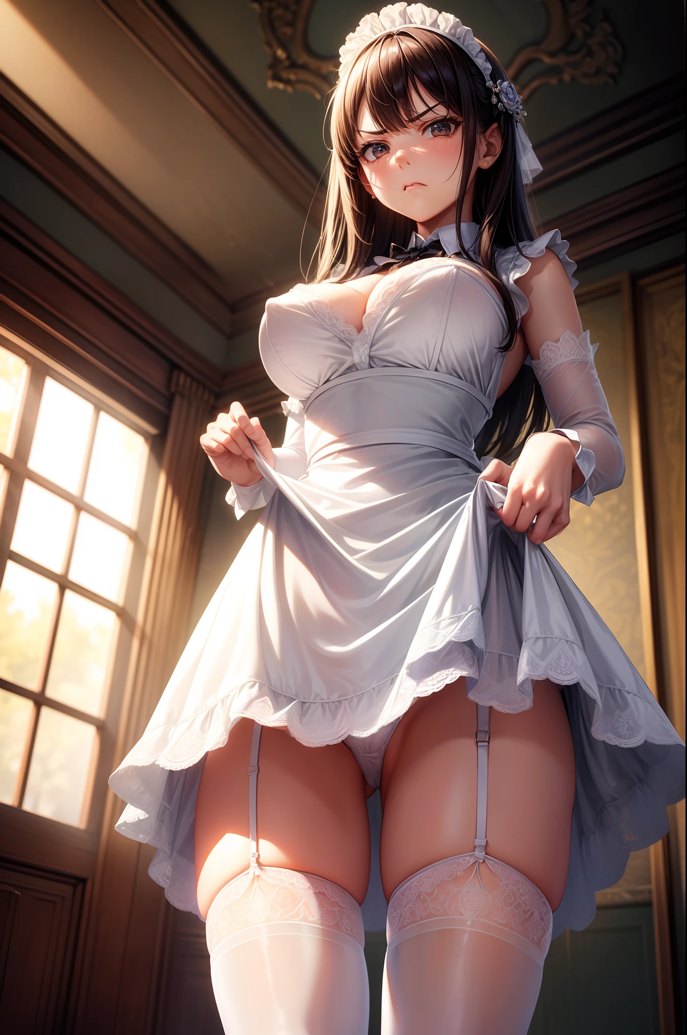 (extremely detailed fine touch:1.2), (natural light, sun light, light rays, dappled light, reflection, shadows, ray tracing:1.2), , cute girl, (angry , disgusted face:1.2) , hourglass body , Masterpiece, best quality, highly detailed , chitose headpiece, maid dress , apron , large breast,breast slip,nipples,(dress lift:1.4) ,(vagina:1), (from below:1.2) , (thighs:1.2) , garter belt , garter straps, house background , white thighhighs,