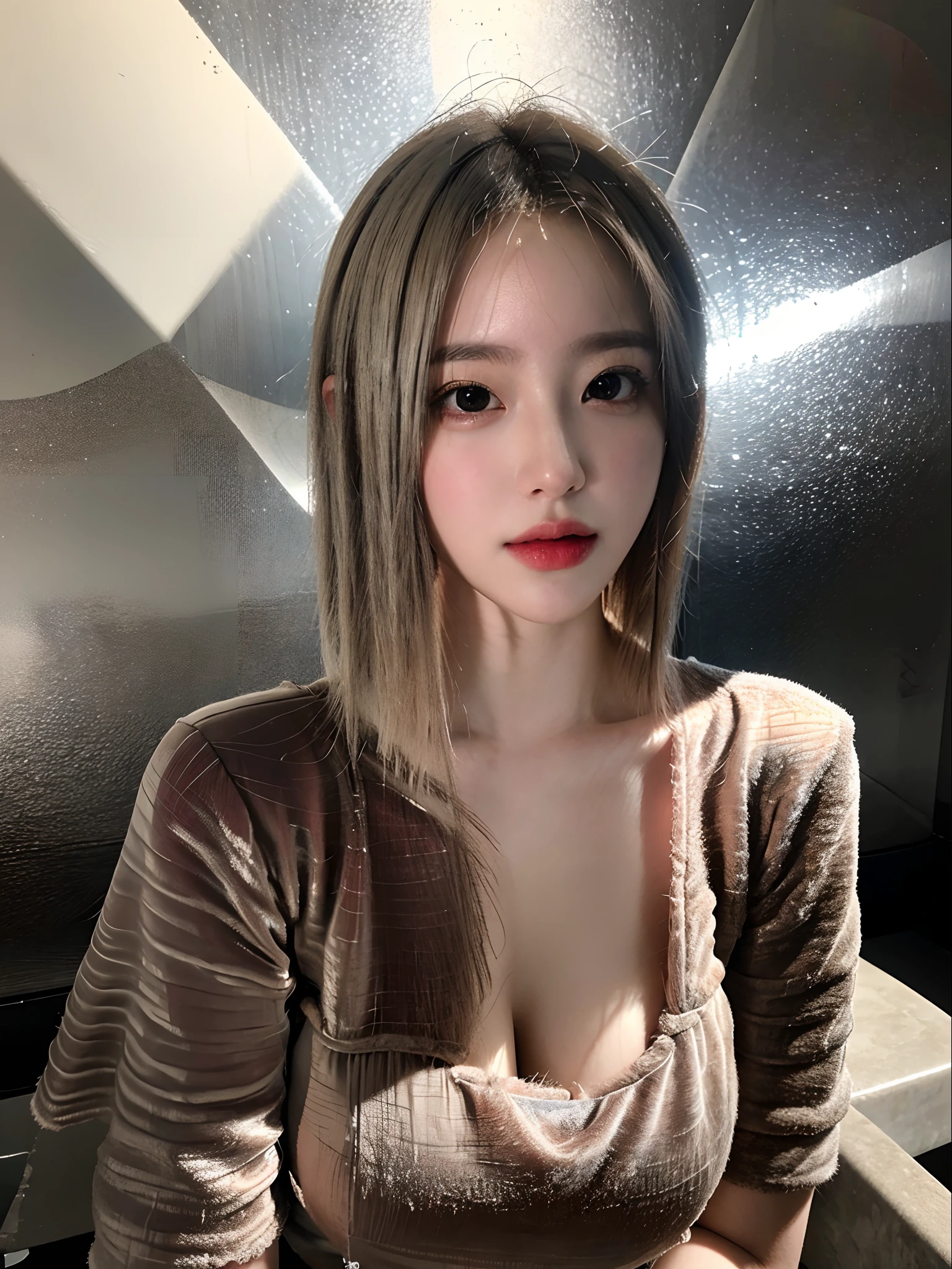 Best quality, masterpiece, ultra high res, (photorealistic:1.4), raw photo, 1girl, silver hair, shiny skin, dramatic lighting
