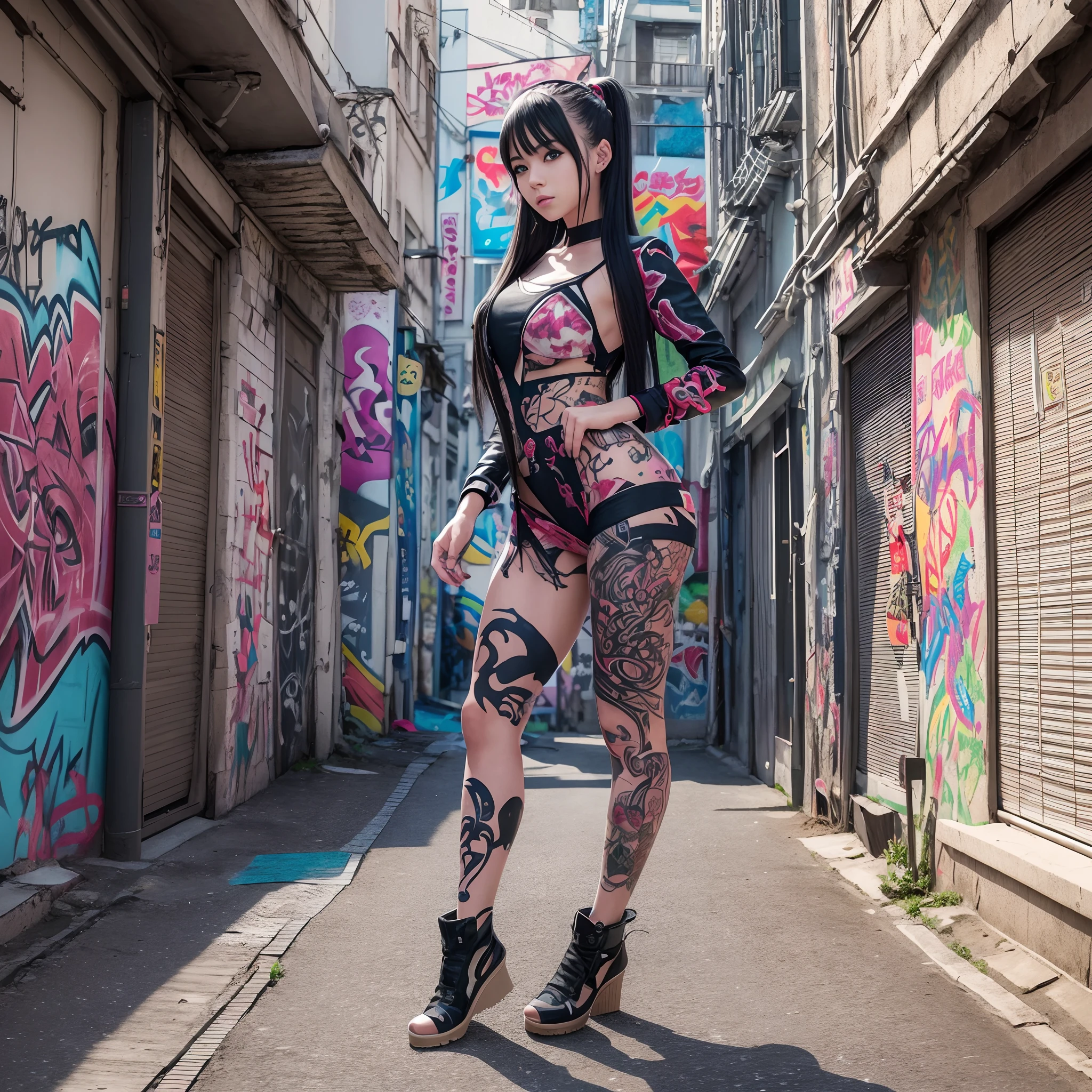 arafed woman with long hair and tattoos posing in front of graffiti wall, anime style. 8k, anime style 4 k, artwork in the style of guweiz, anime girl, anime styled 3d, anime character; full body art, realistic anime 3 d style, anime styled digital art, realistic anime artstyle, style anime, seductive anime girl
