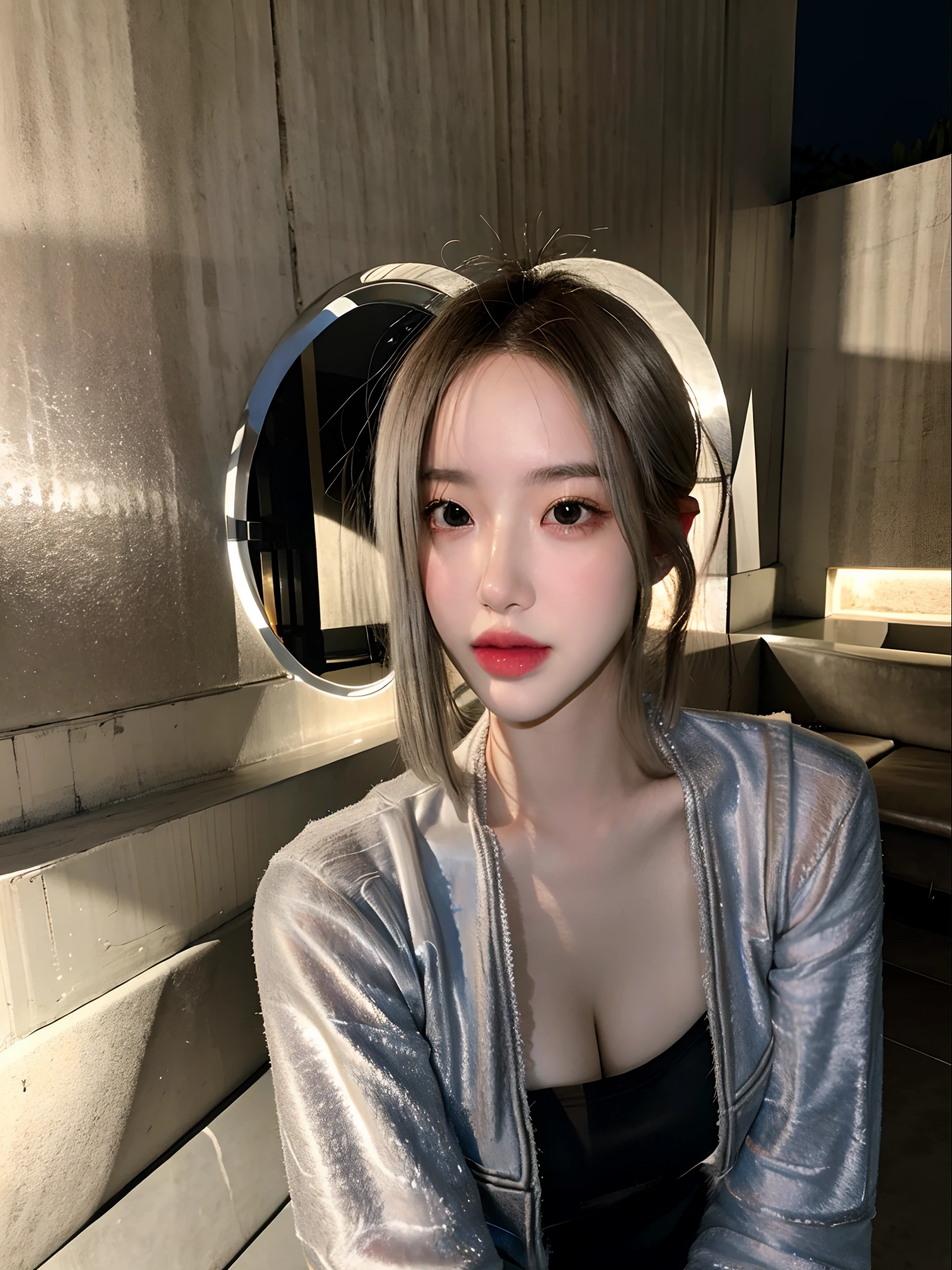 Best quality, masterpiece, ultra high res, (photorealistic:1.4), raw photo, 1girl, silver hair, shiny skin, dramatic lighting
