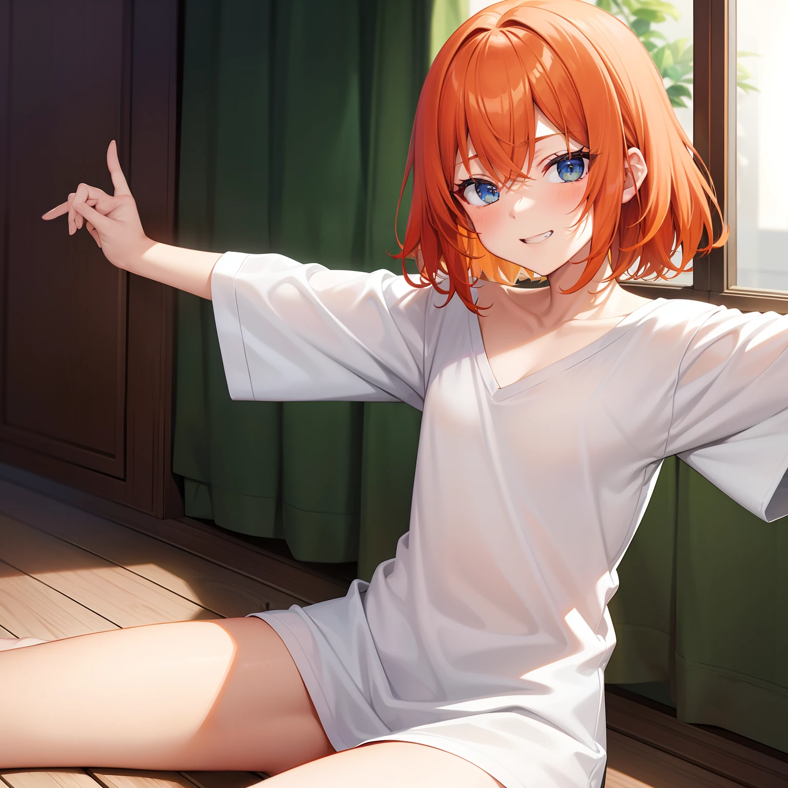 fullnude。Sit down, spread their legs,bends his knees。grin。Green ribbon on orange hair、eBlue eyes。The hairstyle is Bob。Open your arms。long white T-shirt。I don't wear pants。