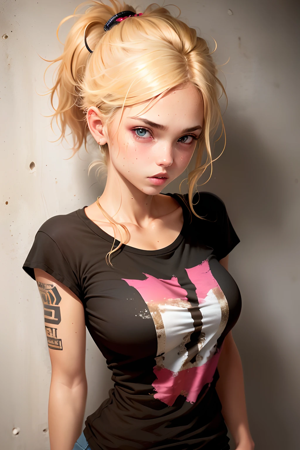 ((masterpiece)), ((best quality)), (ultra detailed), ((extremely detailed)), 1girl, blue eyes, detailed eyes, beautiful eyes, blonde hair, very long hair, extremely detailed hair, shiny hair, ((dark skin tone)), skin texture, shiny skin, extremely detailed skin, big breasts, highlighted nipples, small waist, big butt, Sexy, wearing (((sexy babylook T-shirt))), (((micro ripped shorts))), (((iPhone))), walking in a dirty and sinister alley, rich details, garbage cans, flying papers, rats, damp floor, steam pipe. image with ((depth of field)).