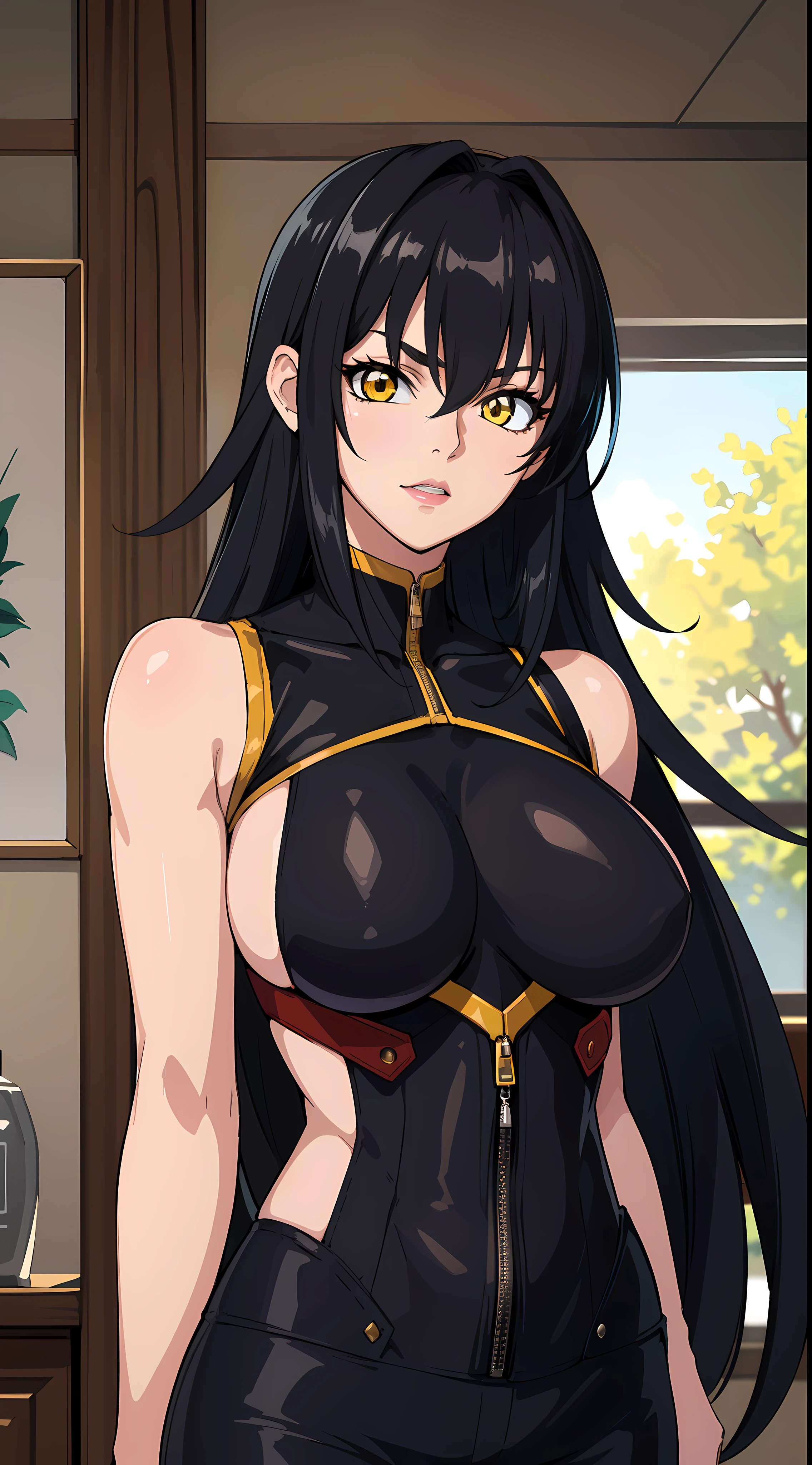 professional artwork, Intricate Details, field of view, sharp focus, detailed painting, photorealistic lighting, trending on pixiv,(masterpiece:1.0),(best_quality:1.0), ultra high res, ultra-detailed, photography, 8K, HDR, highres, absurdres:1.2, Kodak portra 400, film grain, sharp focus, bokeh:1.2, lens flare, (vibrant_color:1.2), (((indoors, dark night district))), Annerose, 1girl, female mature, ((long hair, black hair:1.4)), (yellow eyes), large breasts, ((bodysuit, short pants)), soft skin, hair intakes, (solo:1.4), (upper body, half body shot, covered breasts, side boobs), seductive, shiny clothes
