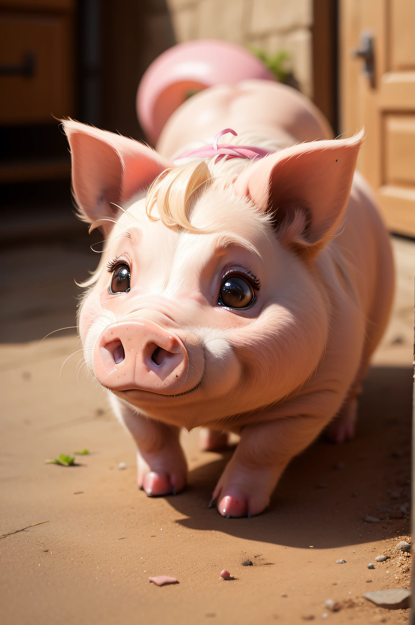 cinematic lighting, 

beautiful happy blonde princess with a natural mustache, 

great chubby arms, 

wonderful pigs nose, 

colorful, 

toy, 

animated, 

by Brandy Versoulen
