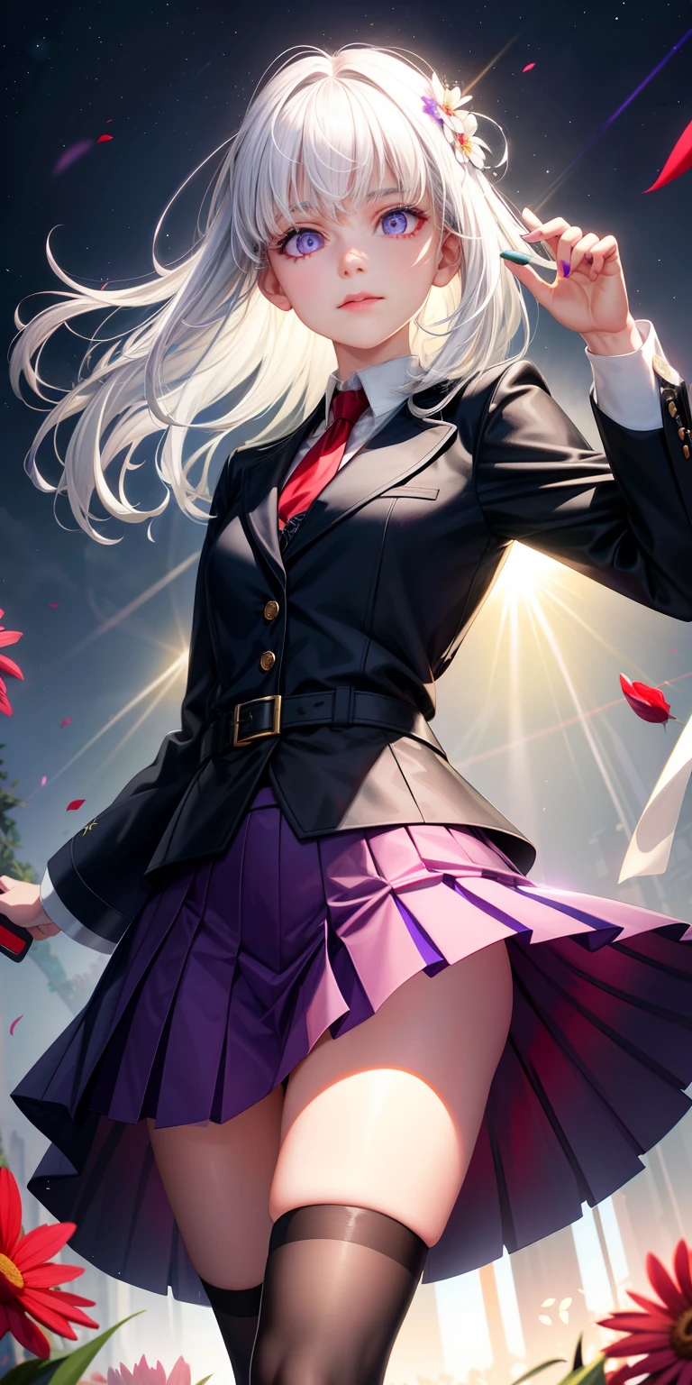 realisticlying,1girl,White hair,Purple eye,glowing light eyes,Cut the top,a skirt,Black socks,parted lip,Be red in the face,the night,fresh flowers,suns,rays of sunshine,